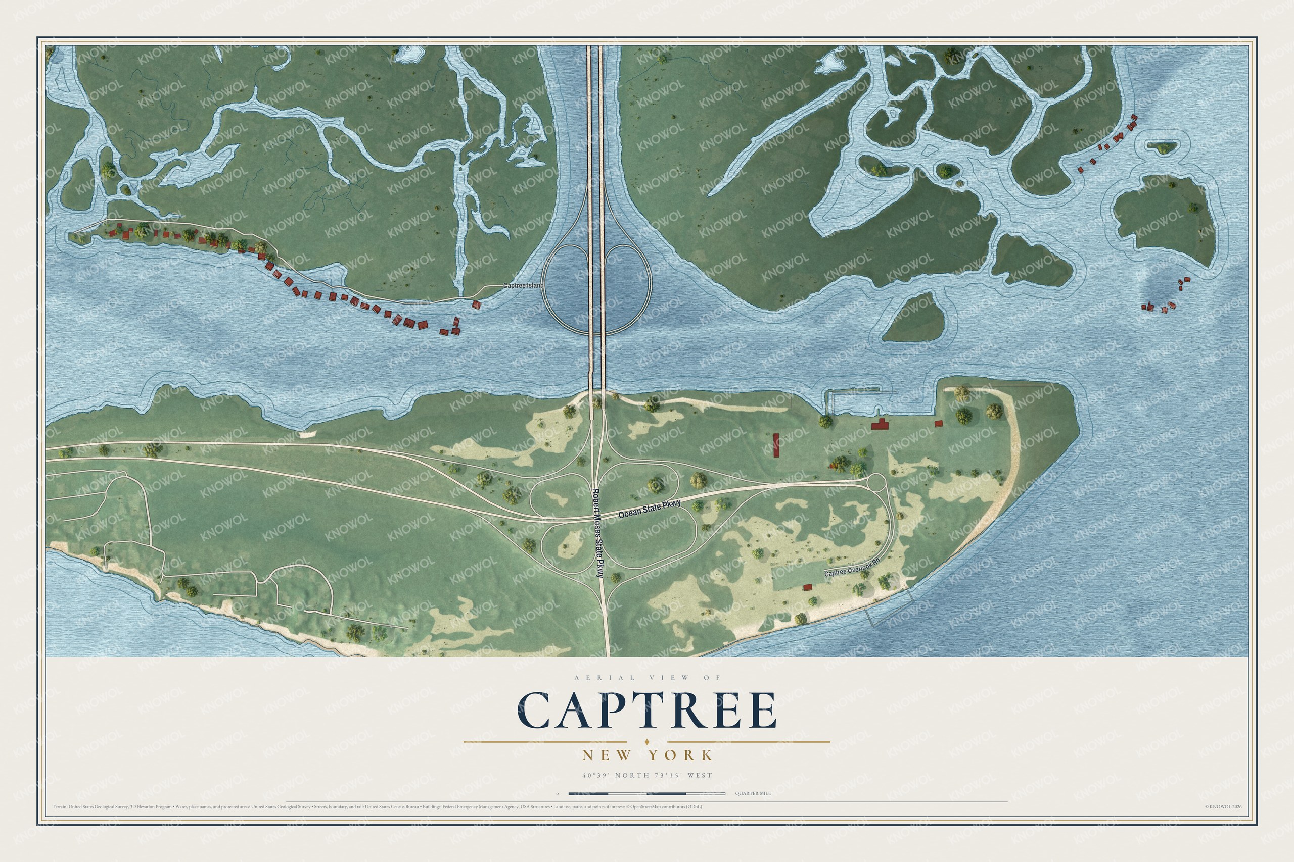 Full map of Captree, New York, with red buildings, printed street names and the land around them