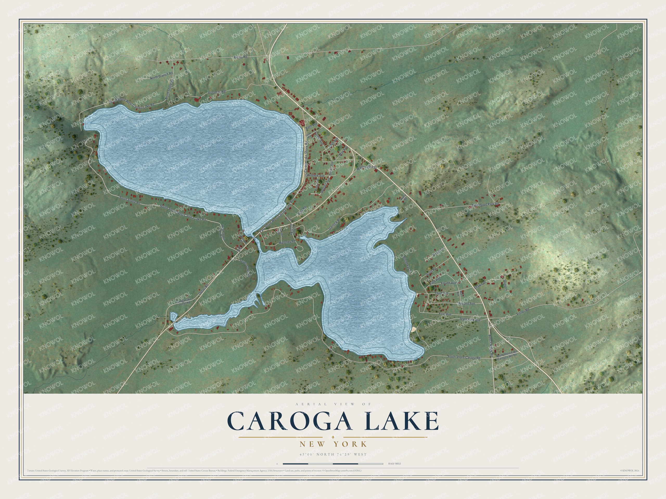 Full map of Caroga Lake, New York, with red buildings, printed street names and the land around them