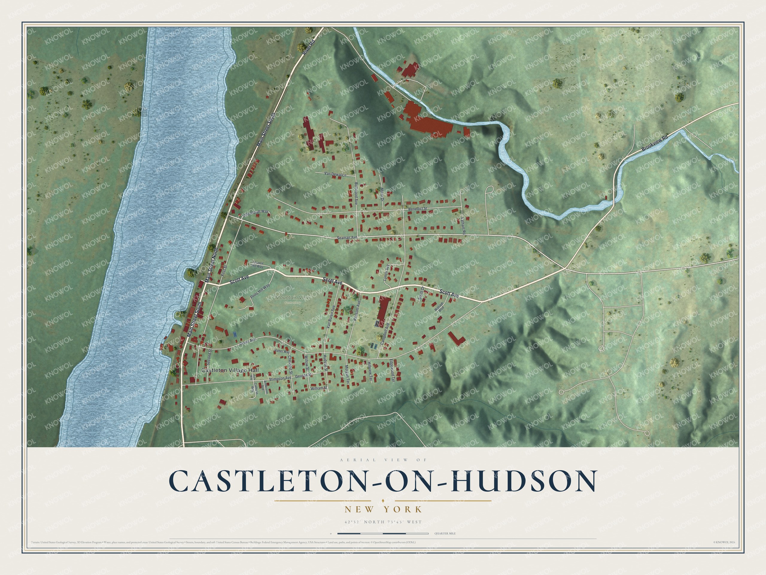 Full map of Castleton-on-Hudson, New York, with red buildings, printed street names and the land around them