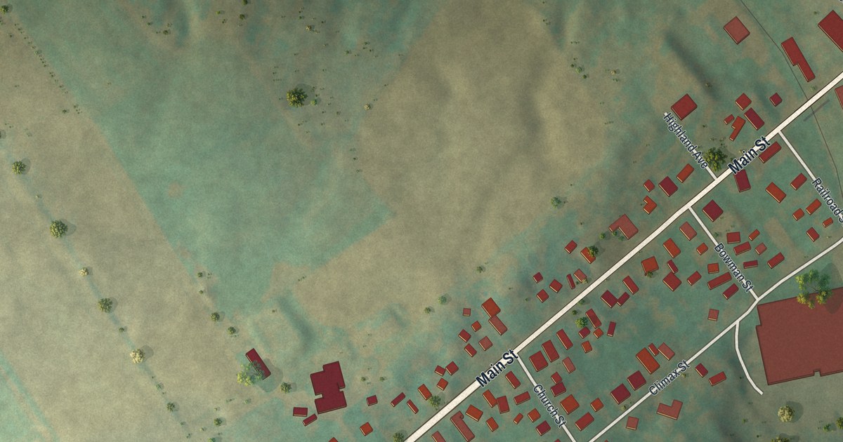 Close-up of streets and buildings in Castorland, New York