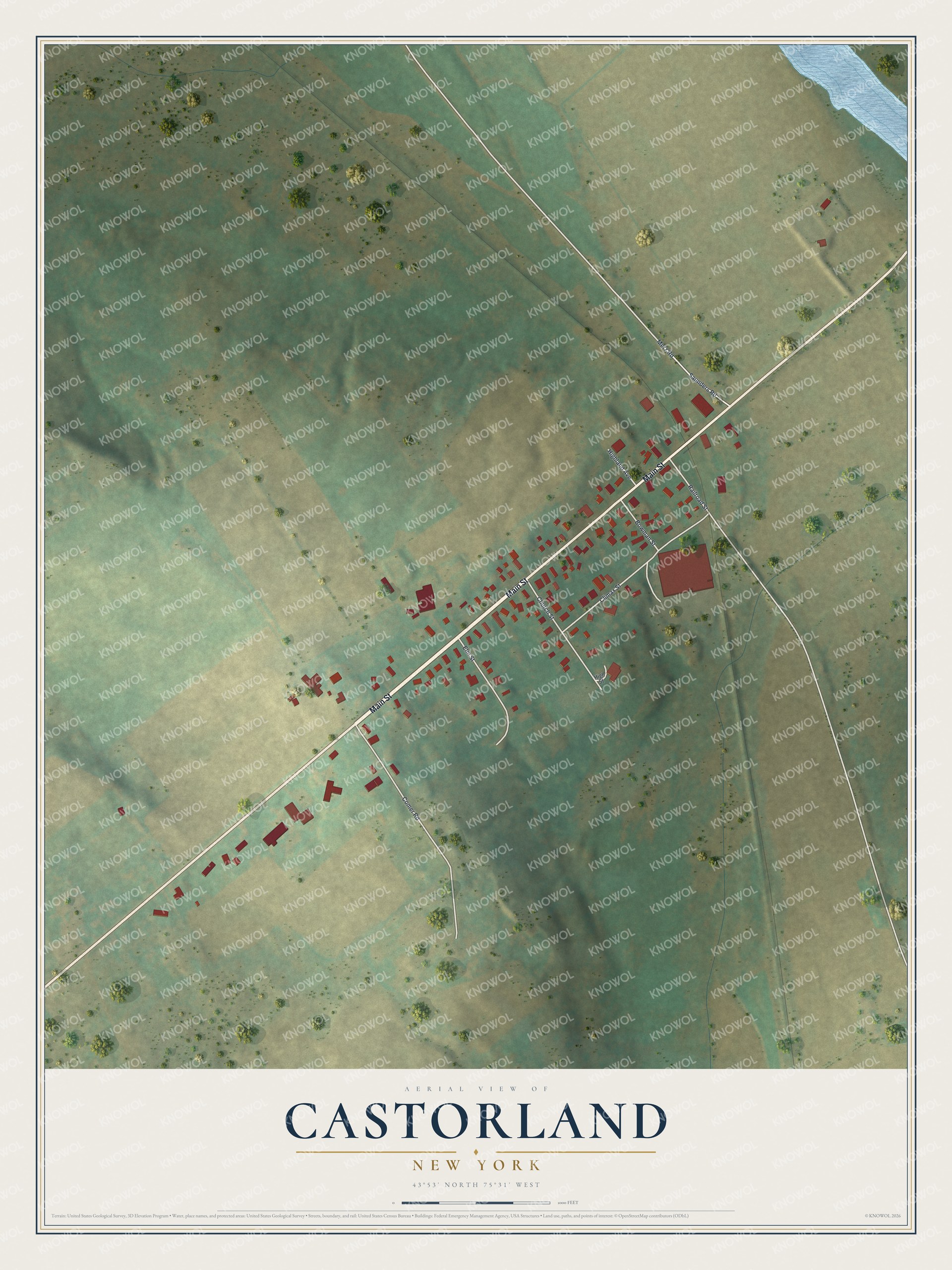 Full map of Castorland, New York, with red buildings, printed street names and the land around them