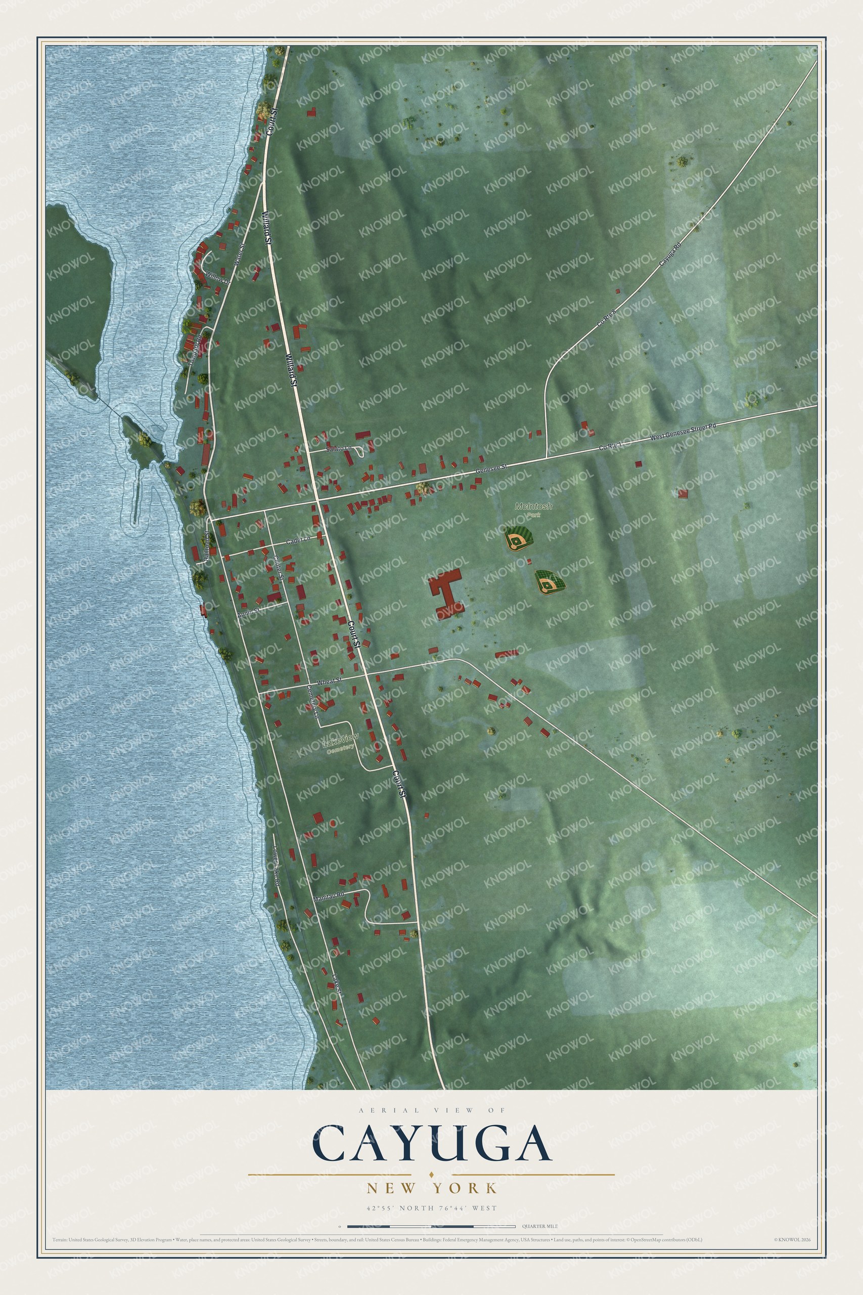 Full map of Cayuga, New York, with red buildings, printed street names and the land around them
