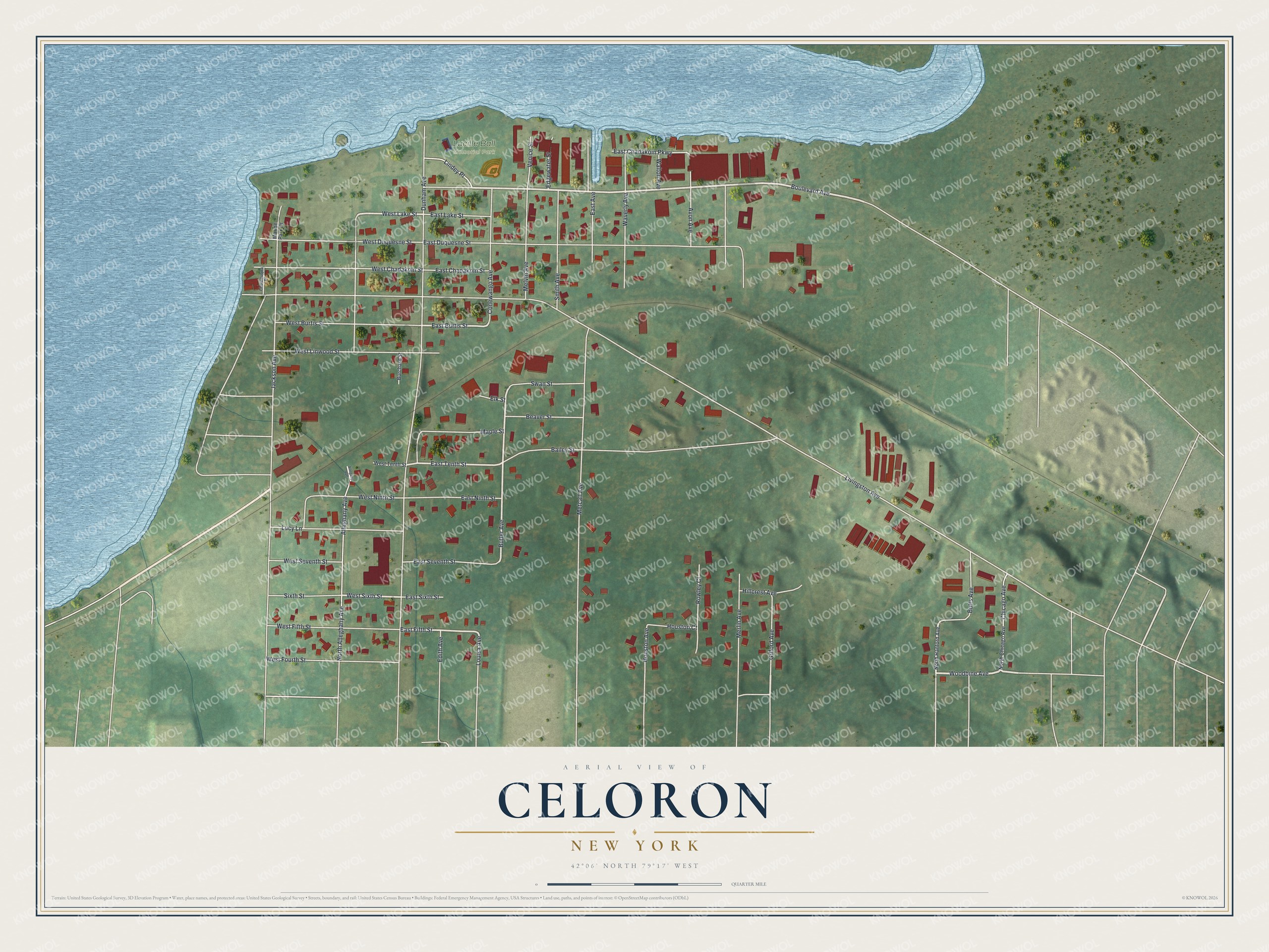 Full map of Celoron, New York, with red buildings, printed street names and the land around them