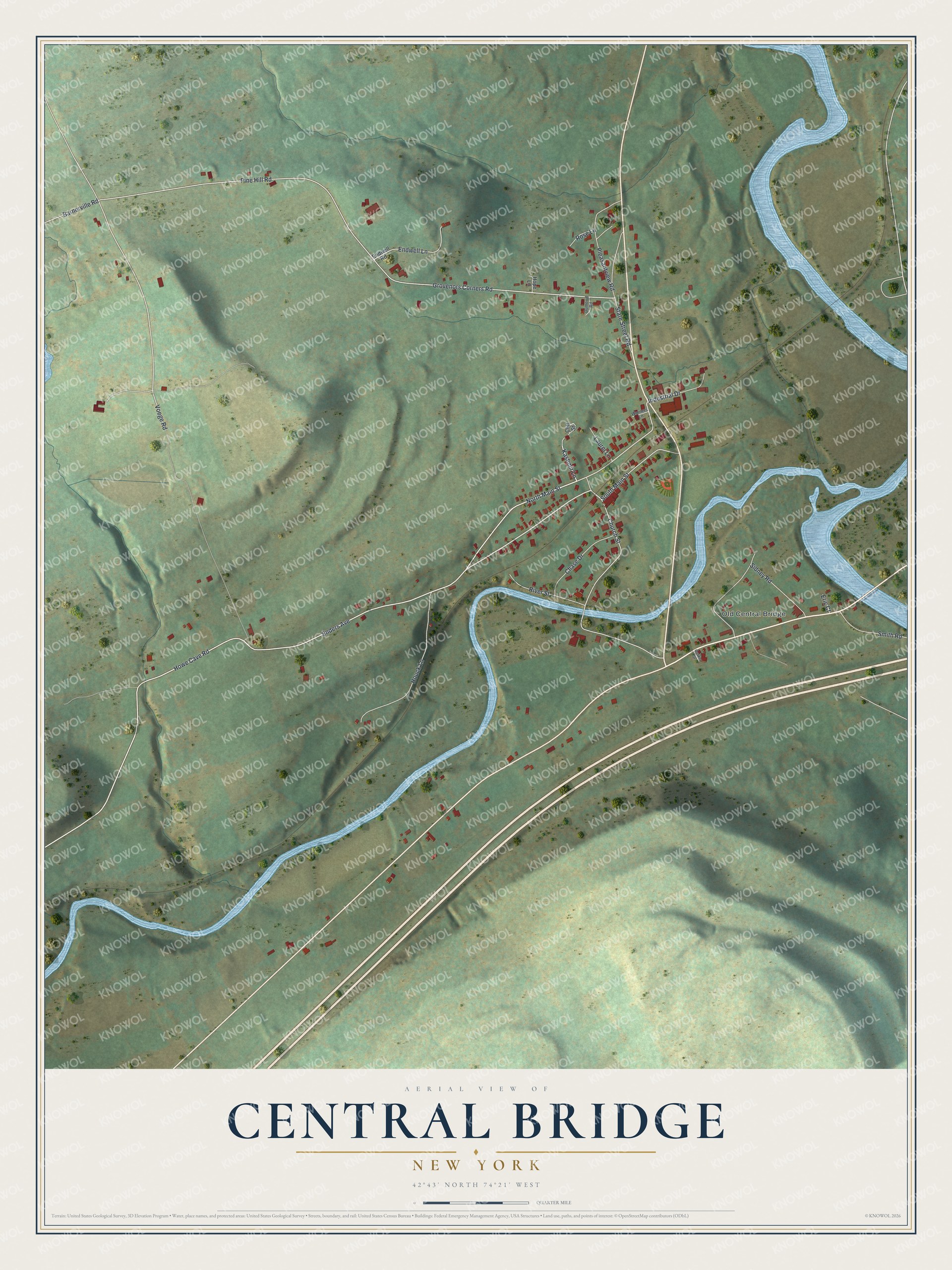 Full map of Central Bridge, New York, with red buildings, printed street names and the land around them