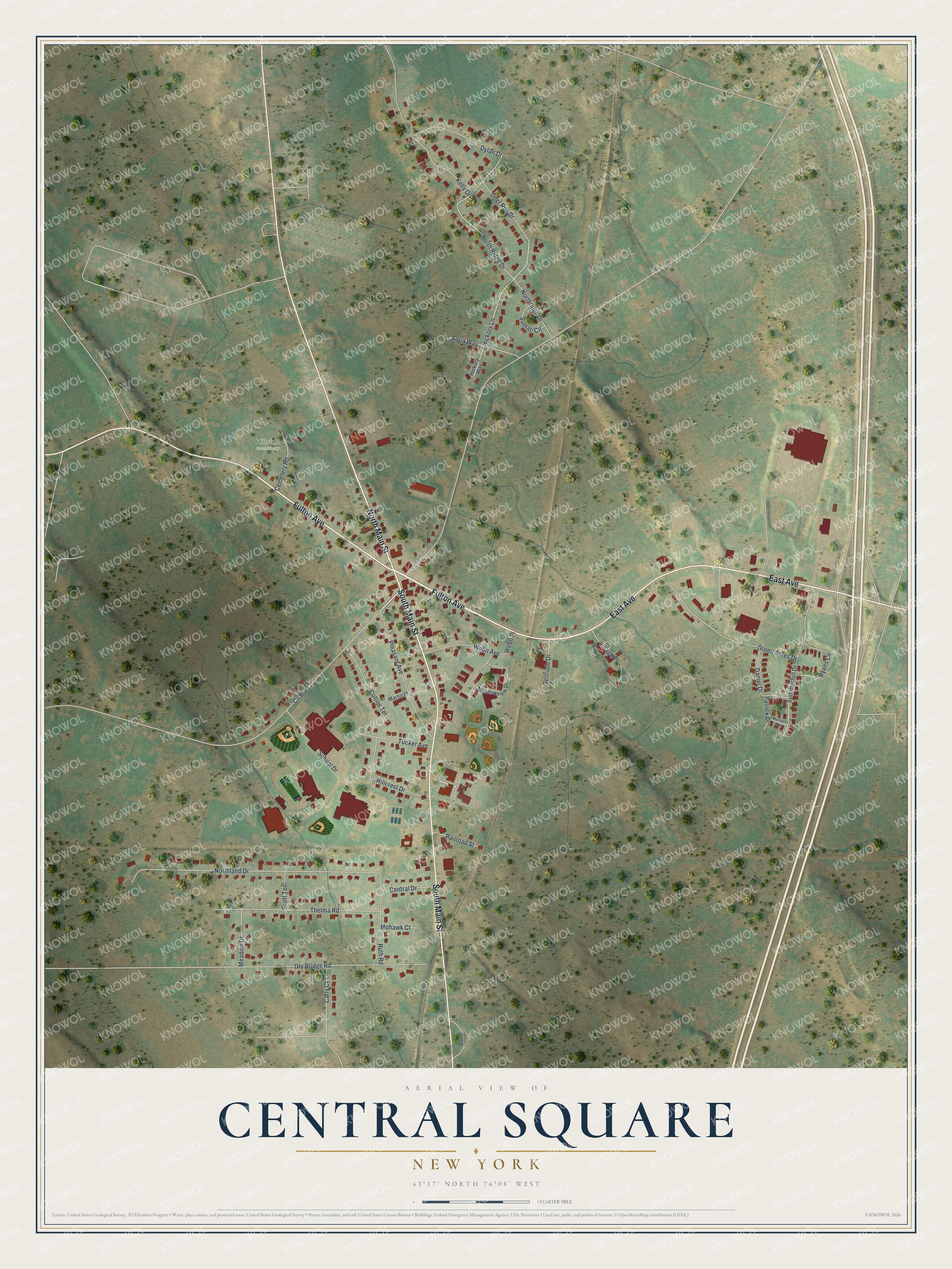Full map of Central Square, New York, with red buildings, printed street names and the land around them