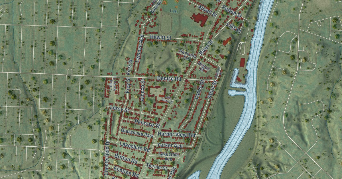 Close-up of streets and buildings in Charlotte, Rochester, New York