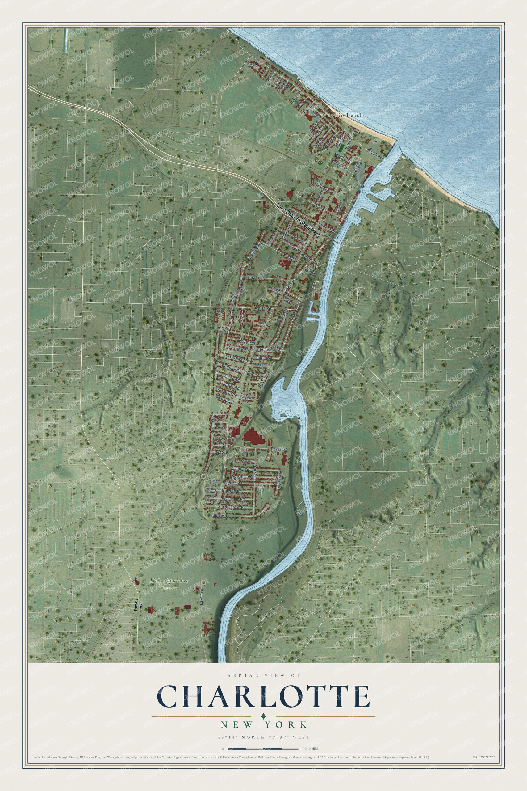 Full map of Charlotte, New York, with red buildings, printed street names and the land around them