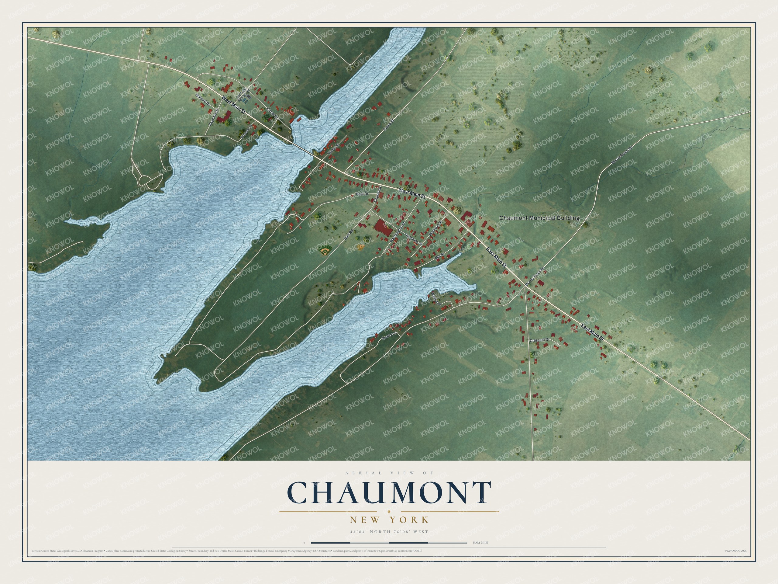 Full map of Chaumont, New York, with red buildings, printed street names and the land around them