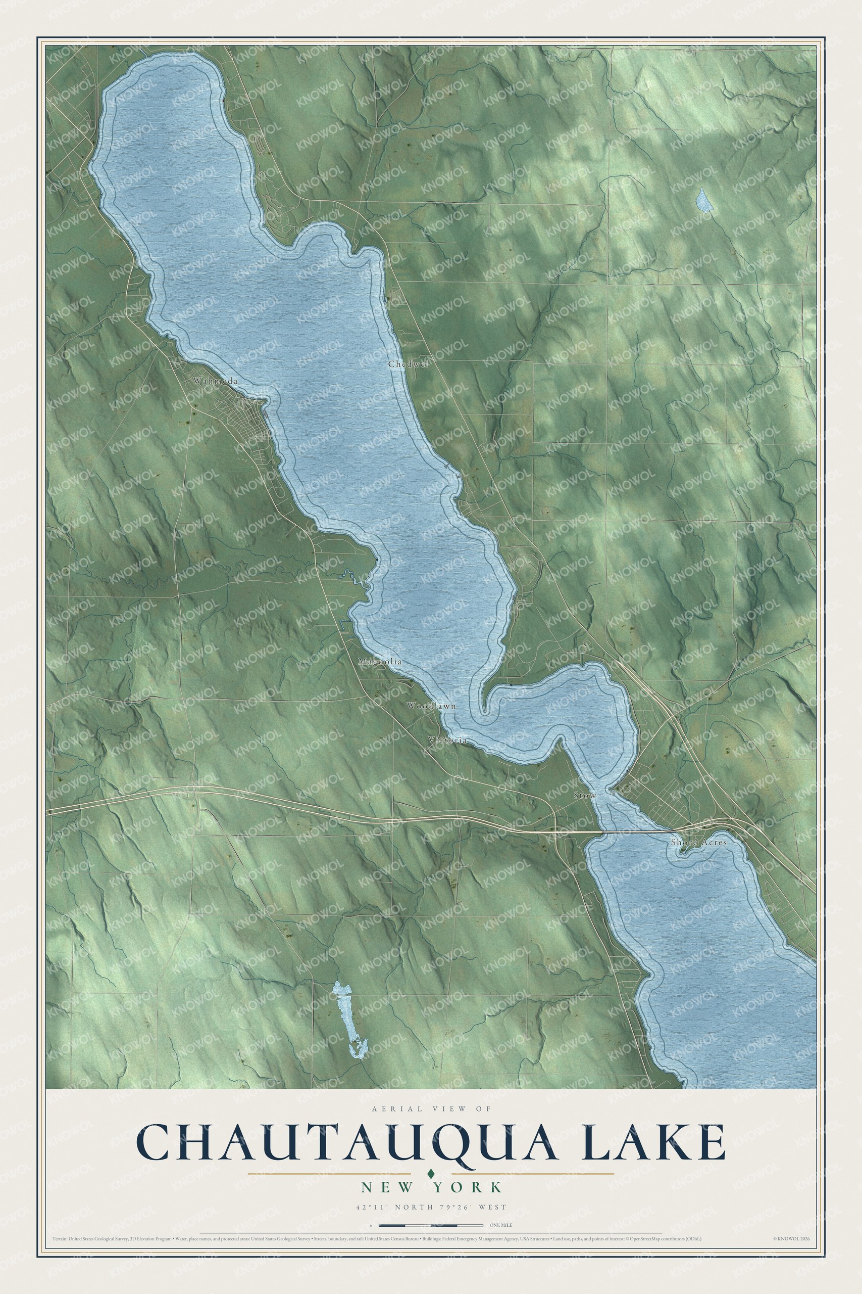 Detailed map of Chautauqua Lake, New York, showing streets, buildings, and neighborhoods