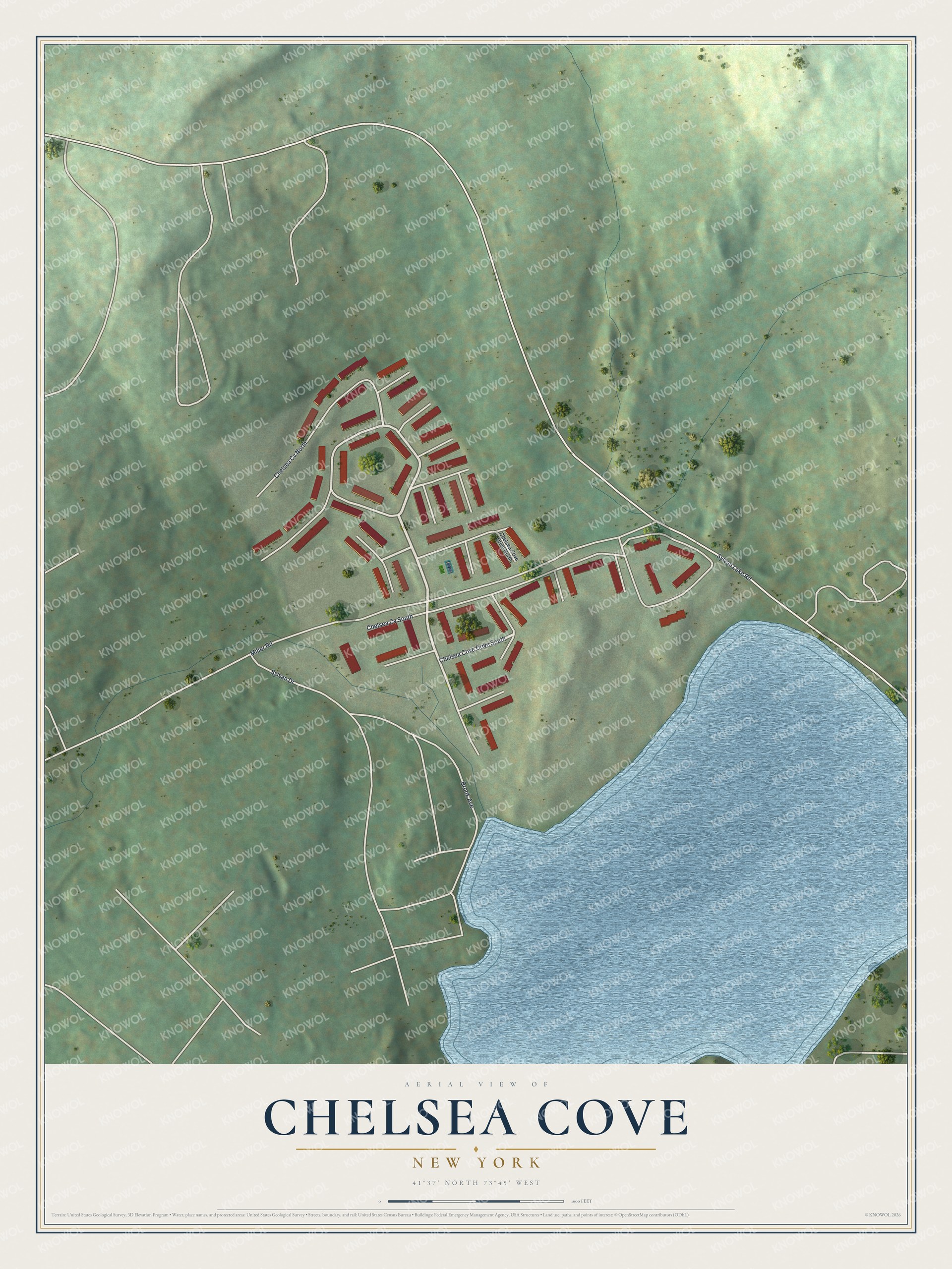 Full map of Chelsea Cove, New York, with red buildings, printed street names and the land around them