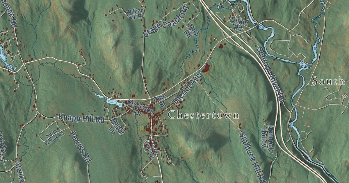Close-up of streets and buildings in Chester, Warren County, New York