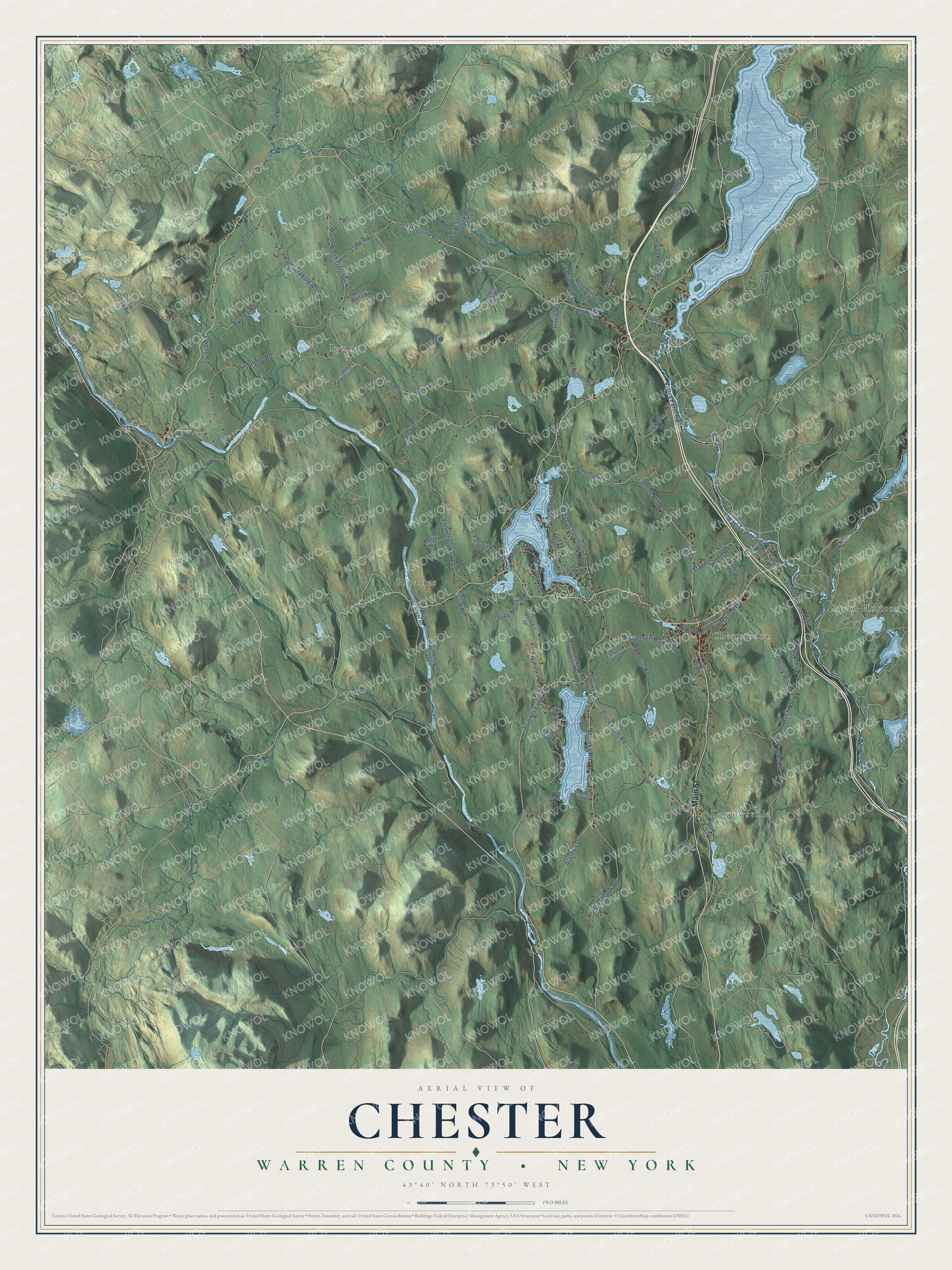 Detailed map of Chester, Warren County, New York, showing streets, buildings, and neighborhoods