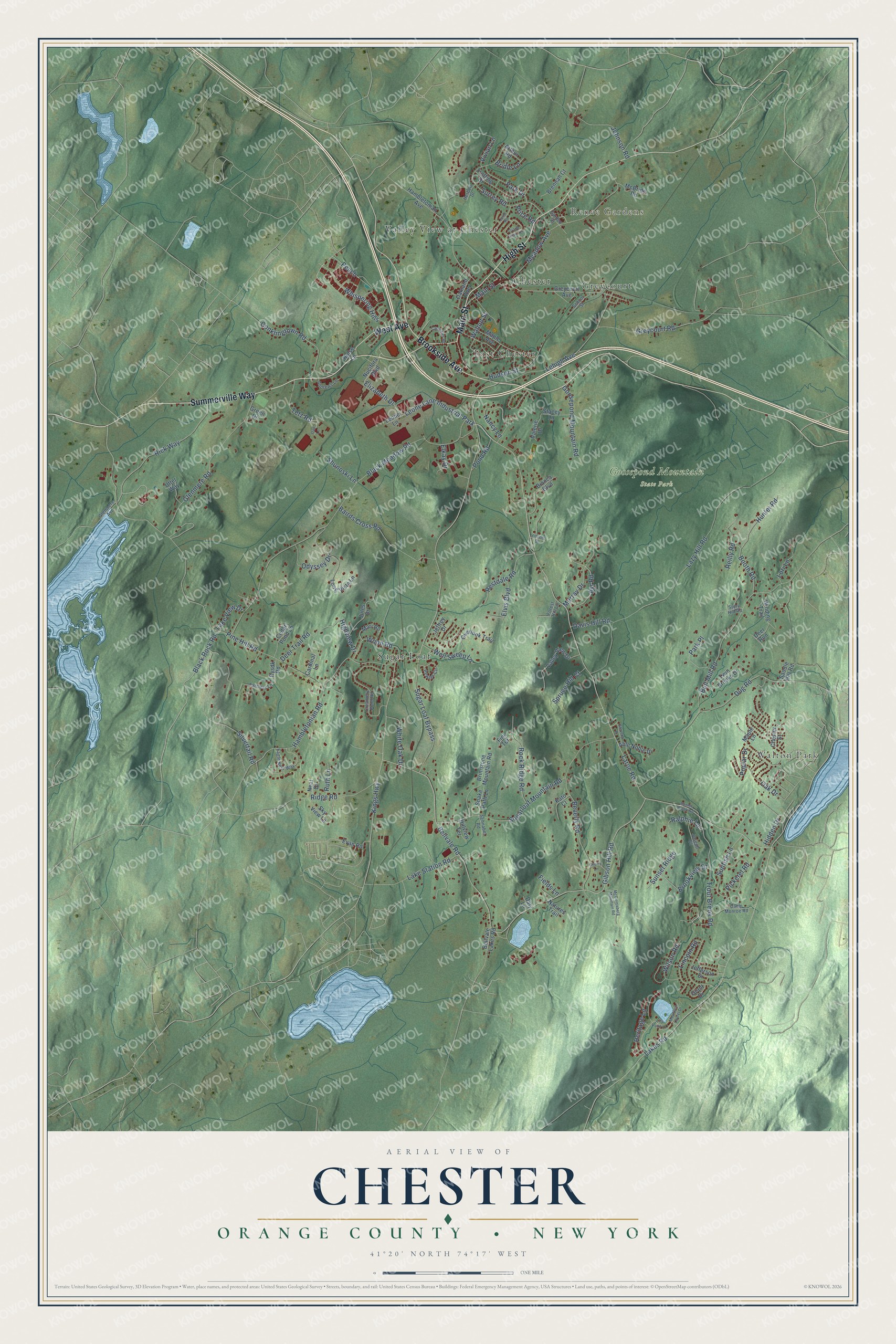 Detailed map of Chester, Orange County, New York, showing streets, buildings, neighborhoods, and parks