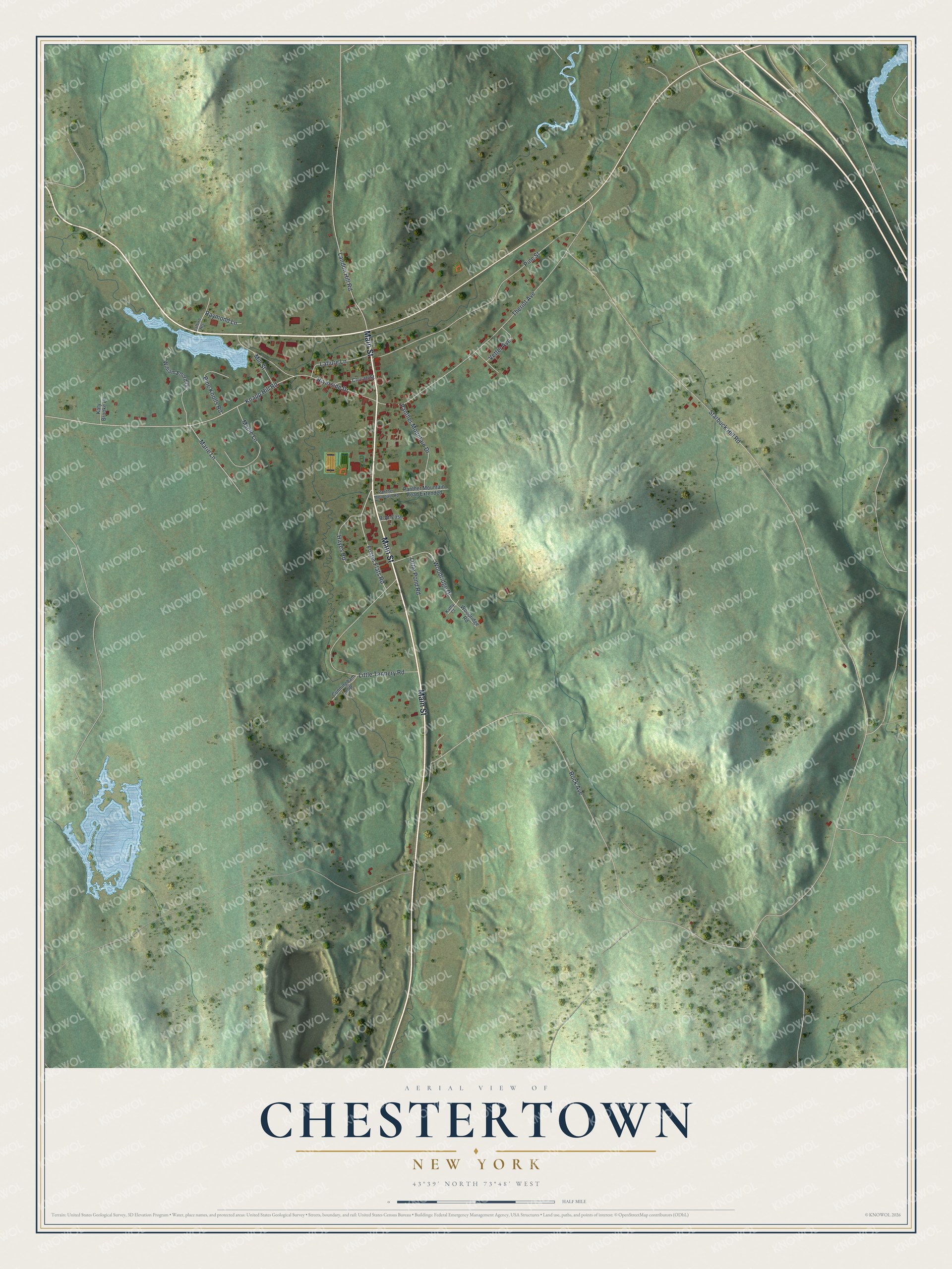 Full map of Chestertown, New York, with red buildings, printed street names and the land around them