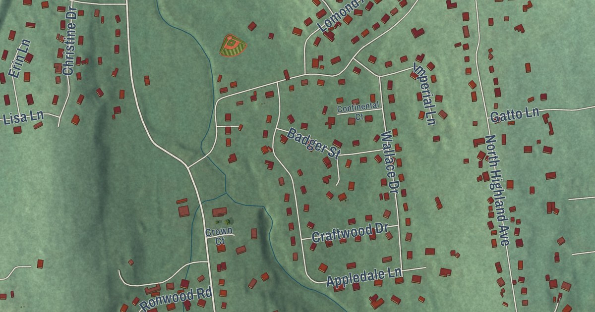 Close-up of streets and buildings in Chestnut Ridge, New York