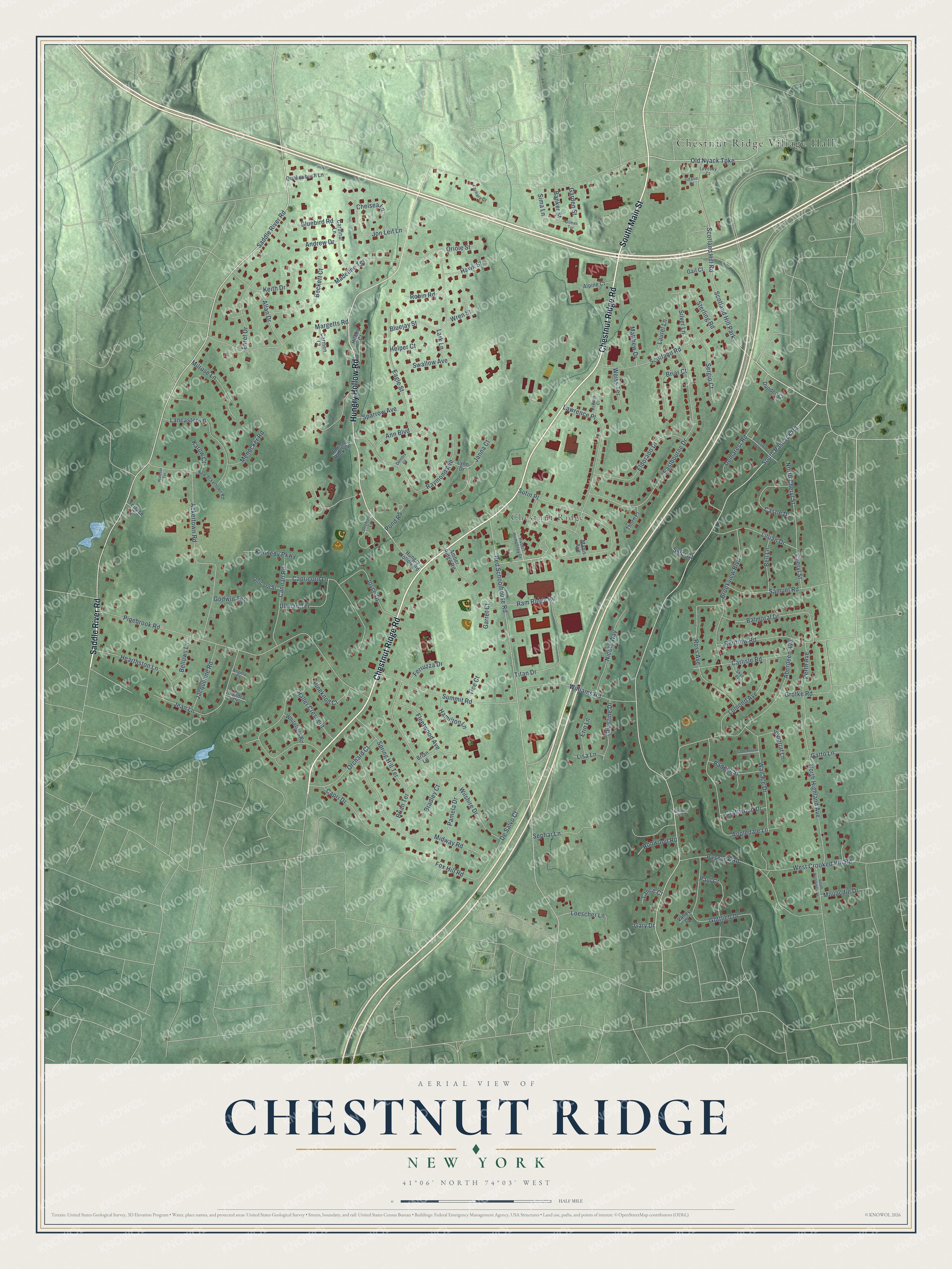 Detailed map of Chestnut Ridge, New York, showing streets and buildings