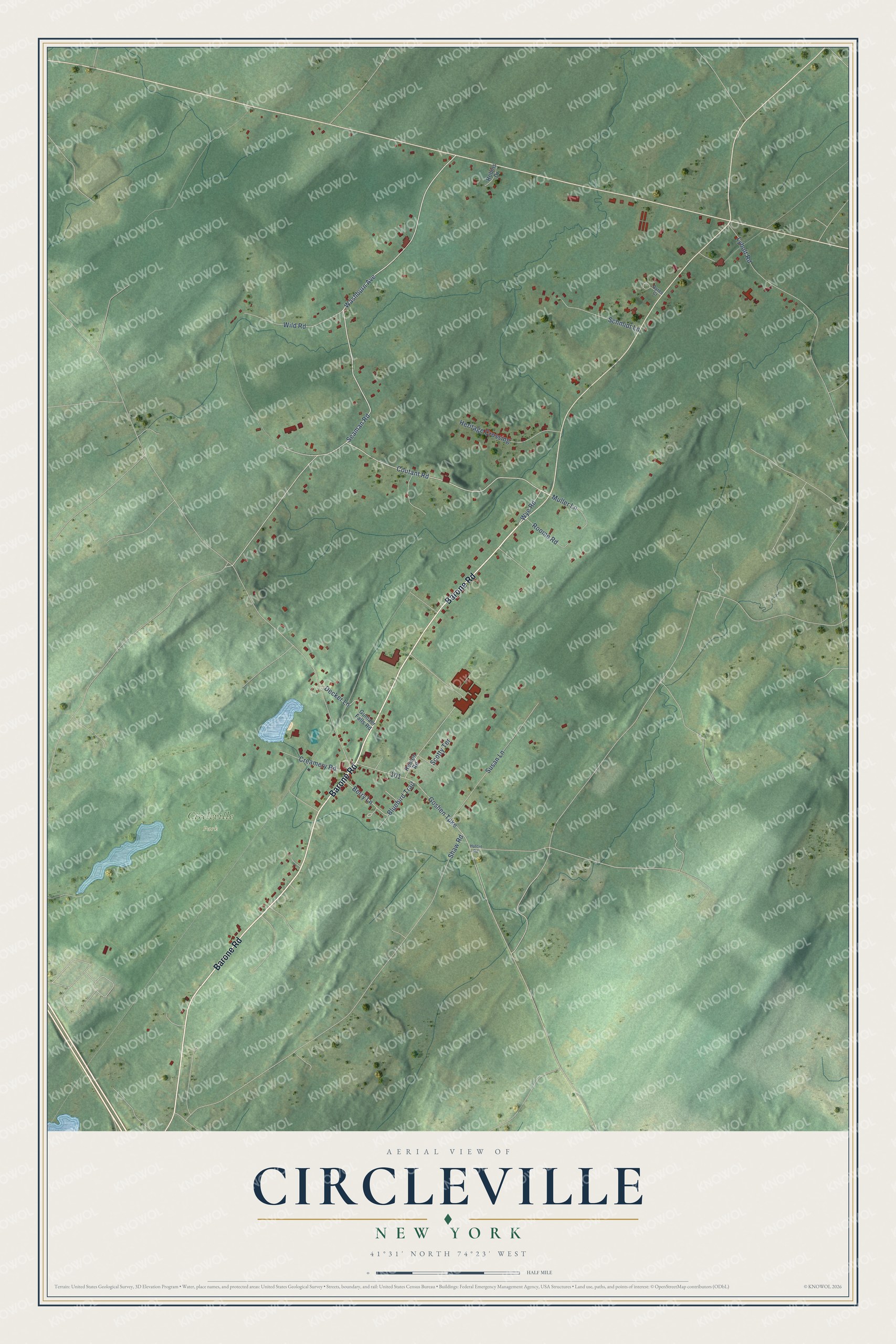 Full map of Circleville, New York, with red buildings, printed street names and the land around them