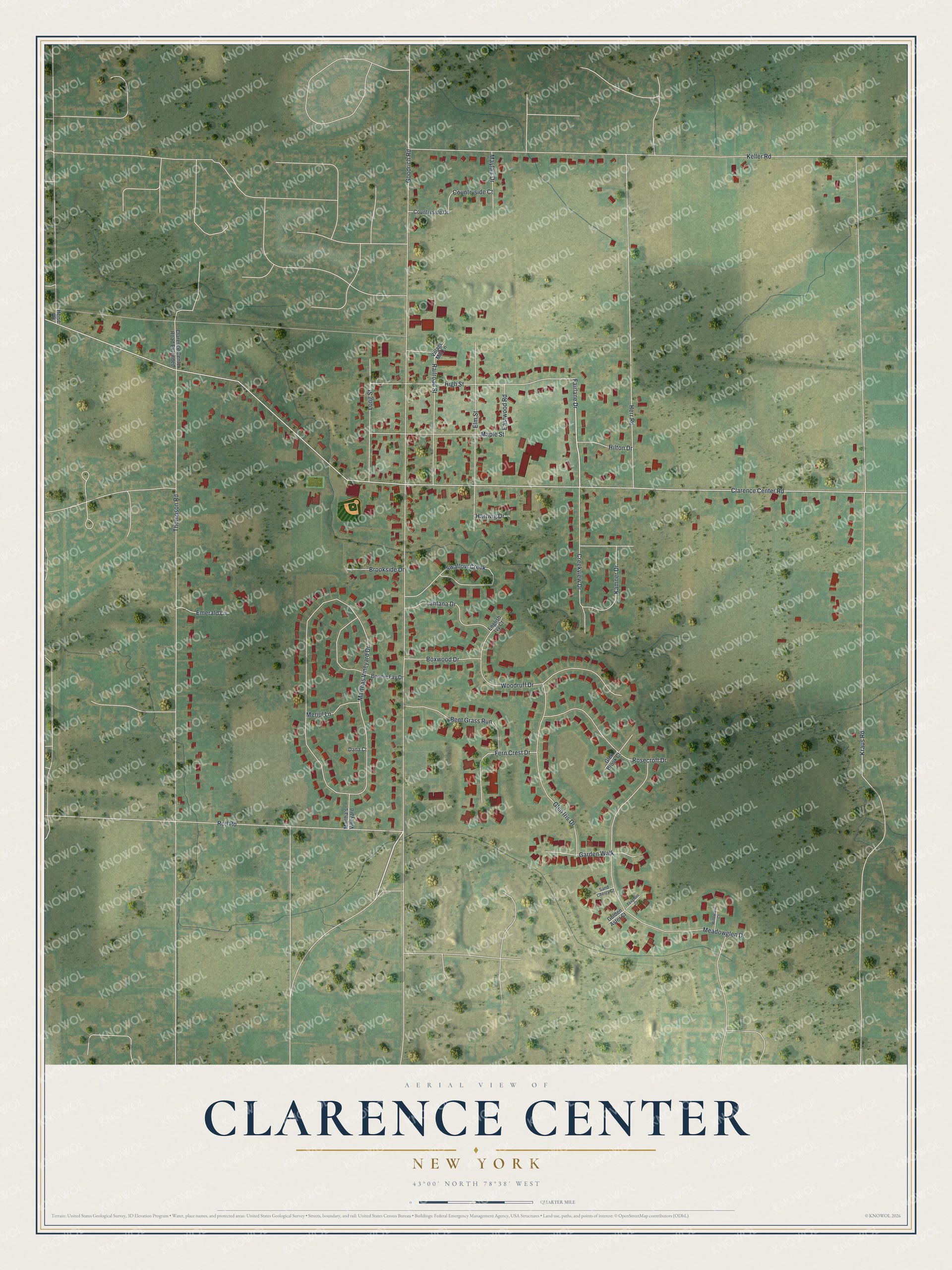 Full map of Clarence Center, New York, with red buildings, printed street names and the land around them