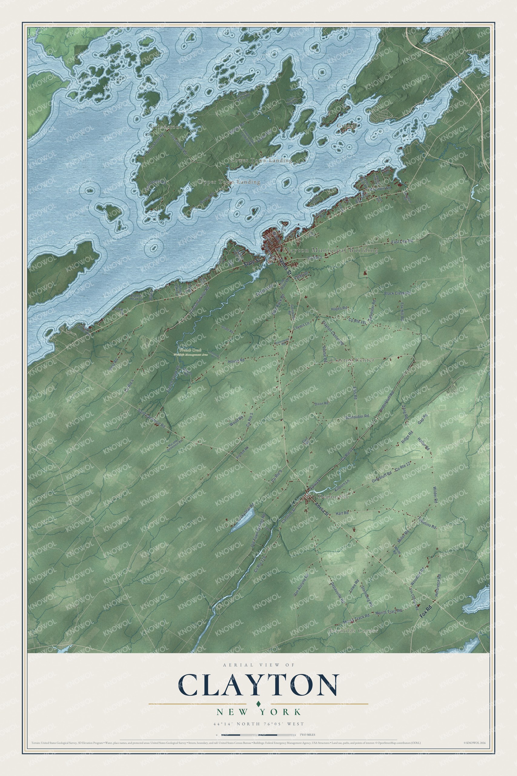 Detailed map of Clayton, New York, showing streets, buildings, neighborhoods, and parks