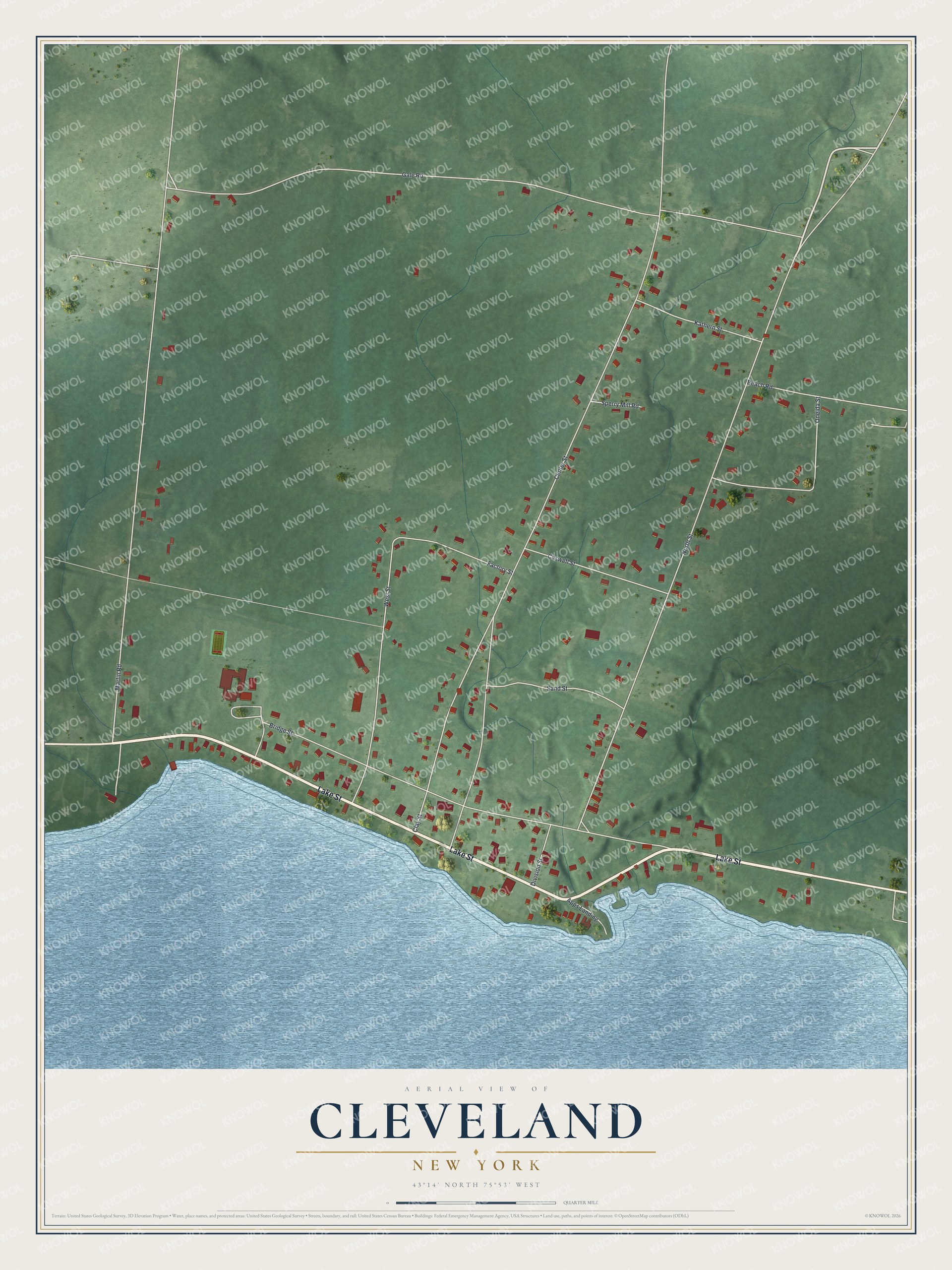 Full map of Cleveland, New York, with red buildings, printed street names and the land around them