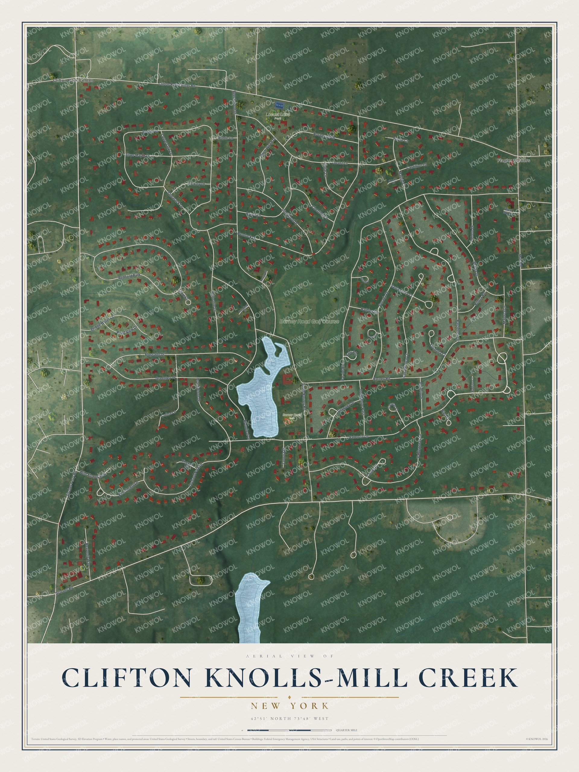 Full map of Clifton Knolls-Mill Creek, New York, with red buildings, printed street names and the land around them