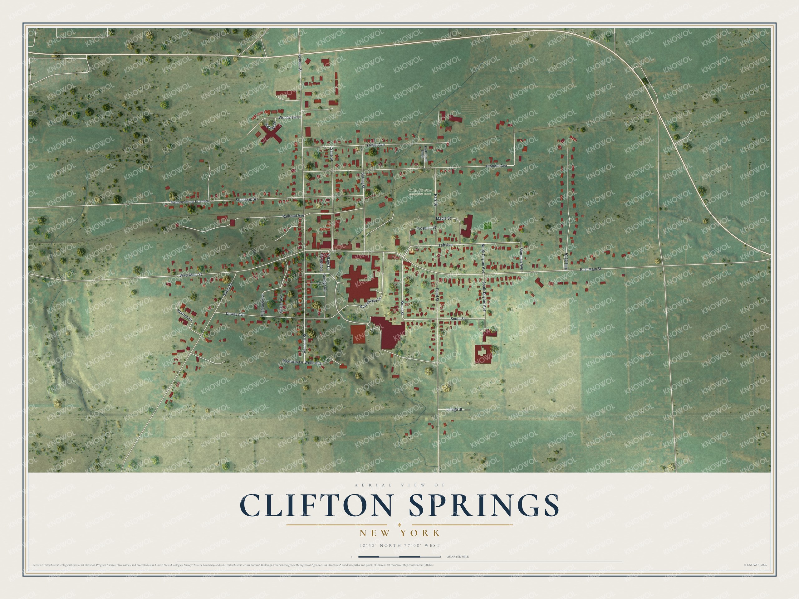Full map of Clifton Springs, New York, with red buildings, printed street names and the land around them