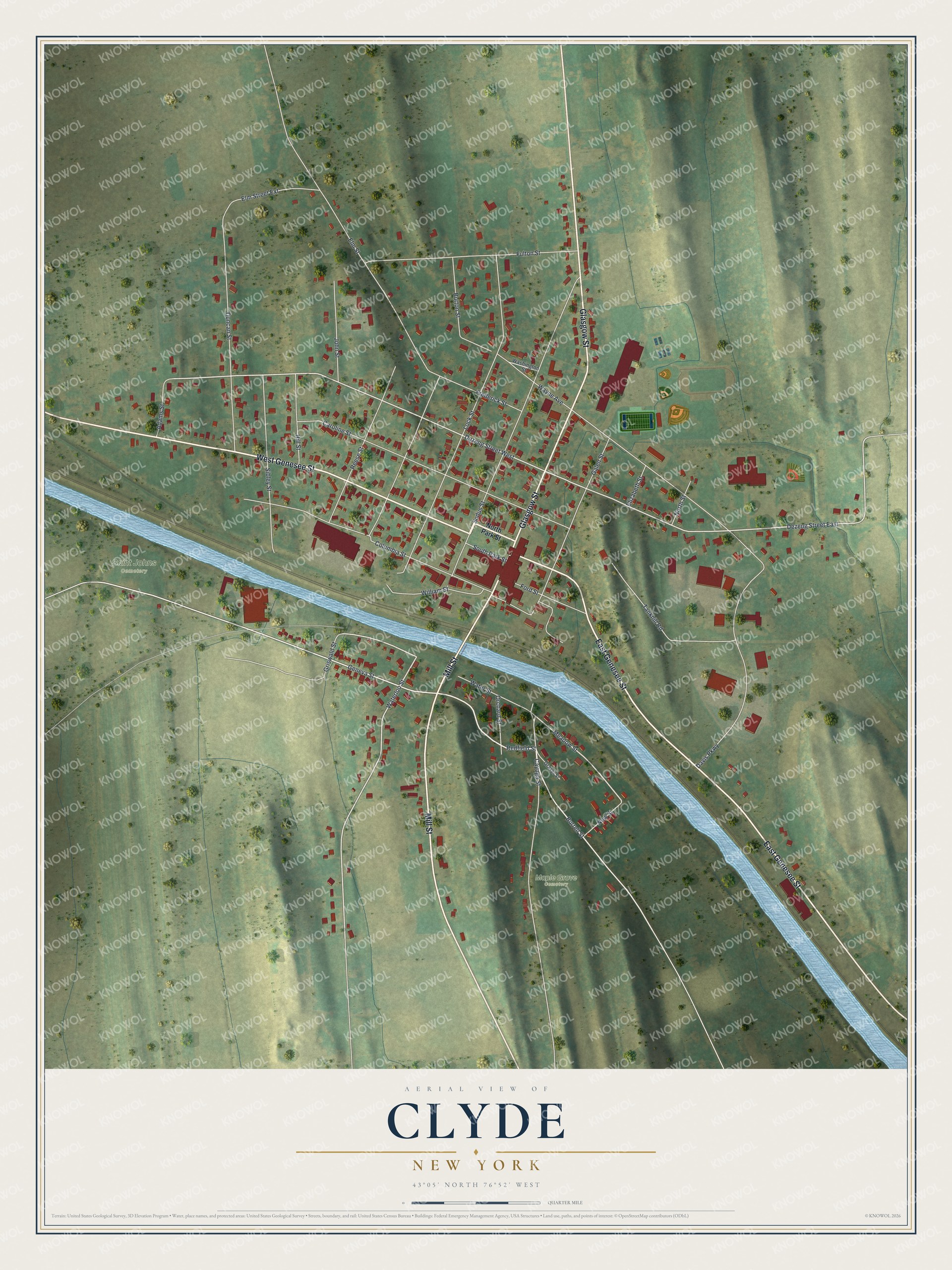 Full map of Clyde, New York, with red buildings, printed street names and the land around them
