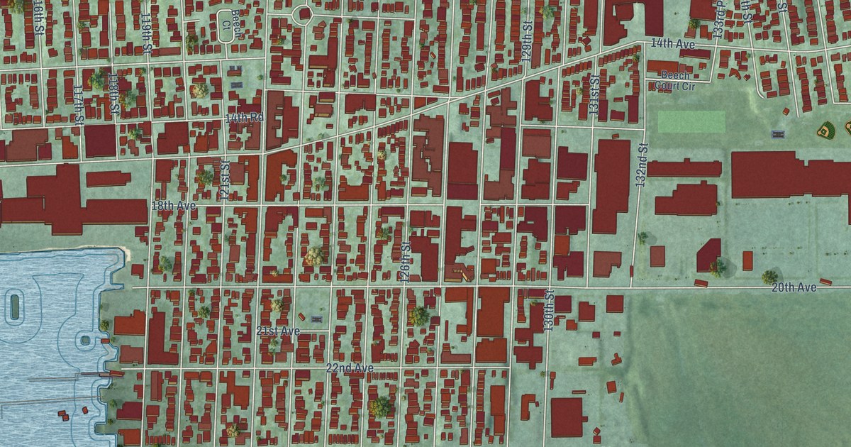 Close-up of streets and buildings in College Point, New York