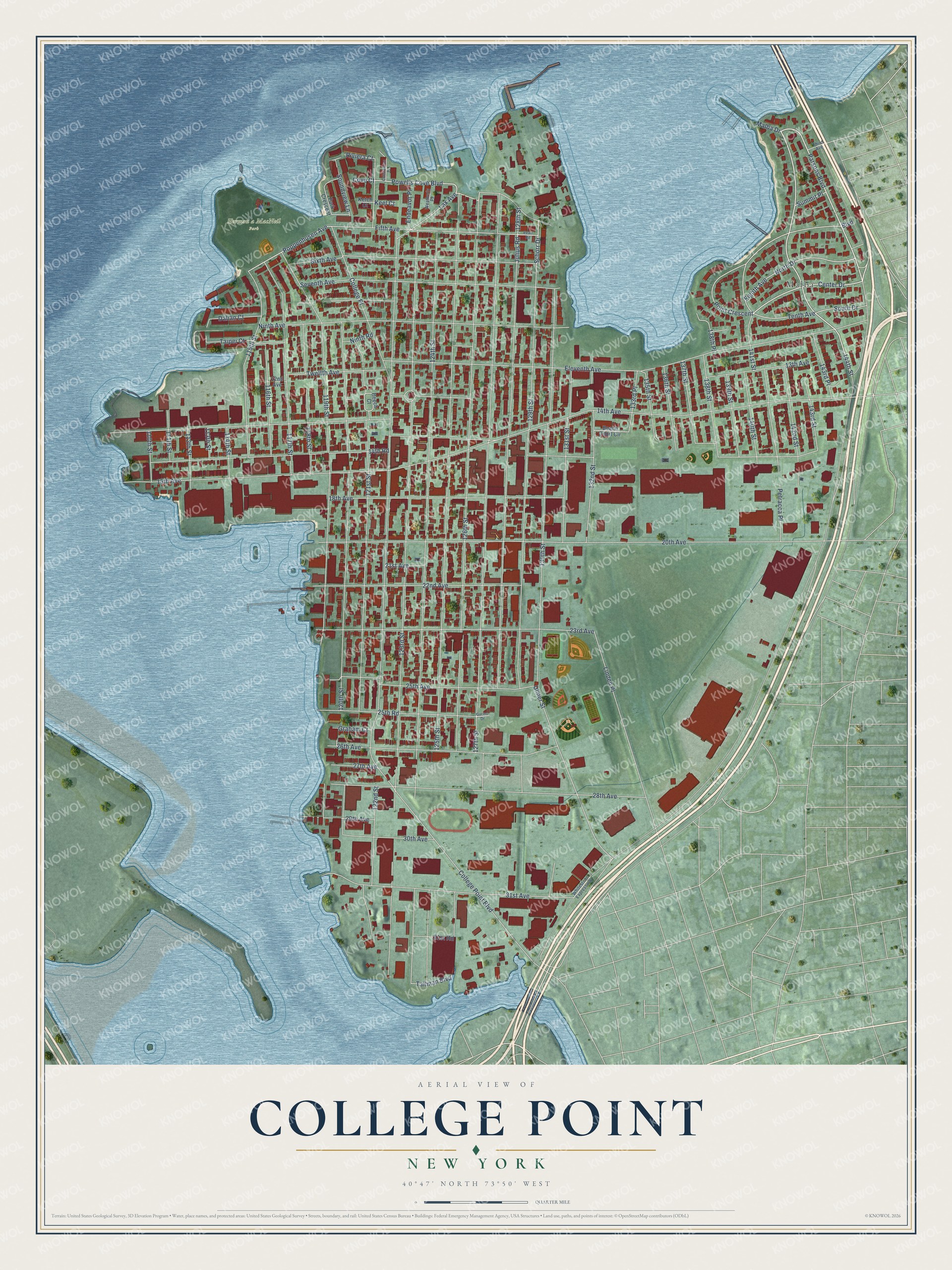 Full map of College Point, New York, with red buildings, printed street names and the land around them