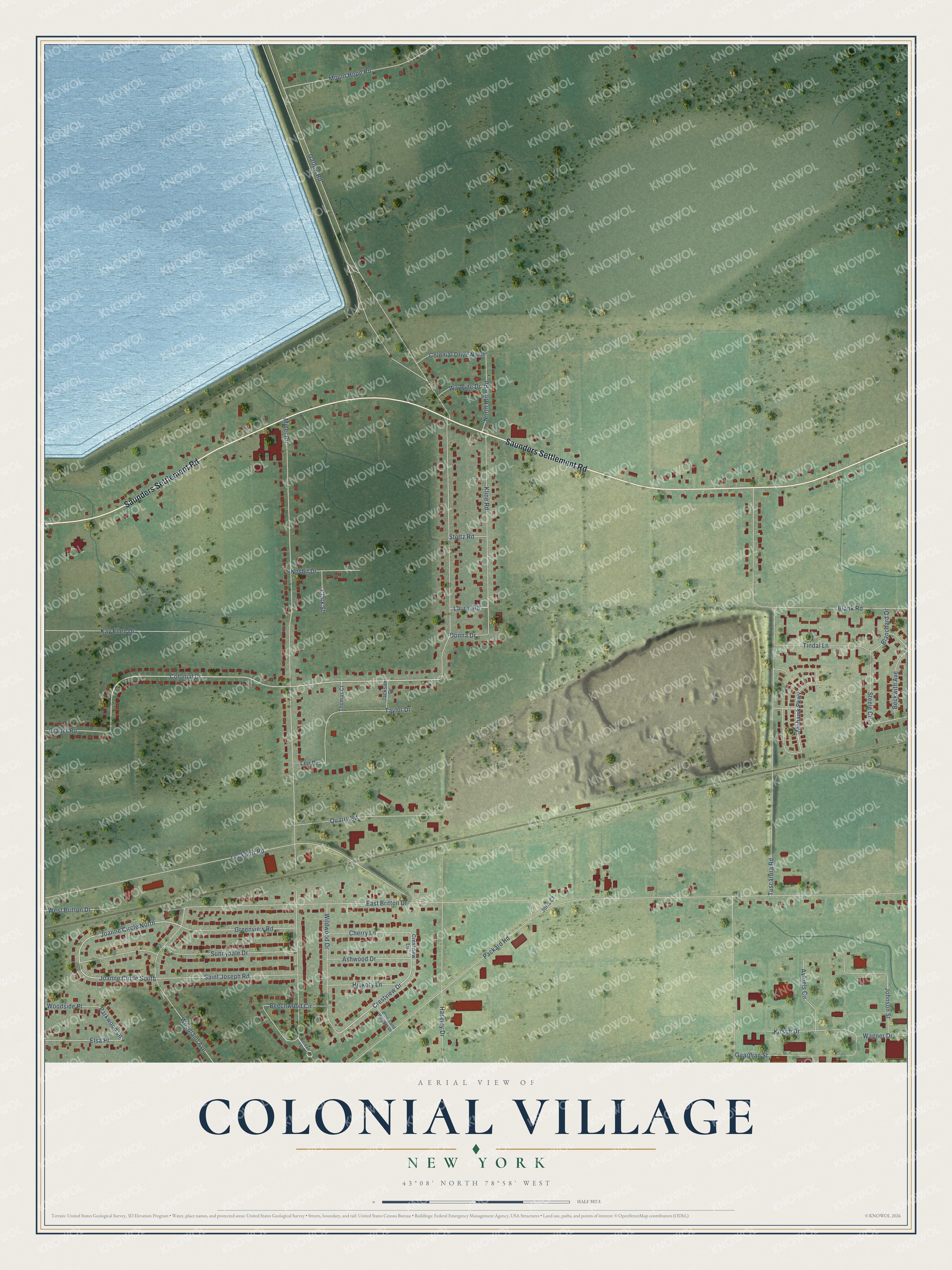 Full map of Colonial Village, New York, with red buildings, printed street names and the land around them