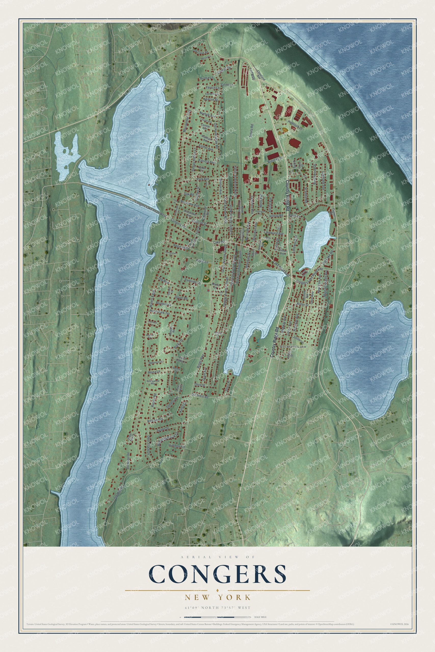 Full map of Congers, New York, with red buildings, printed street names and the land around them