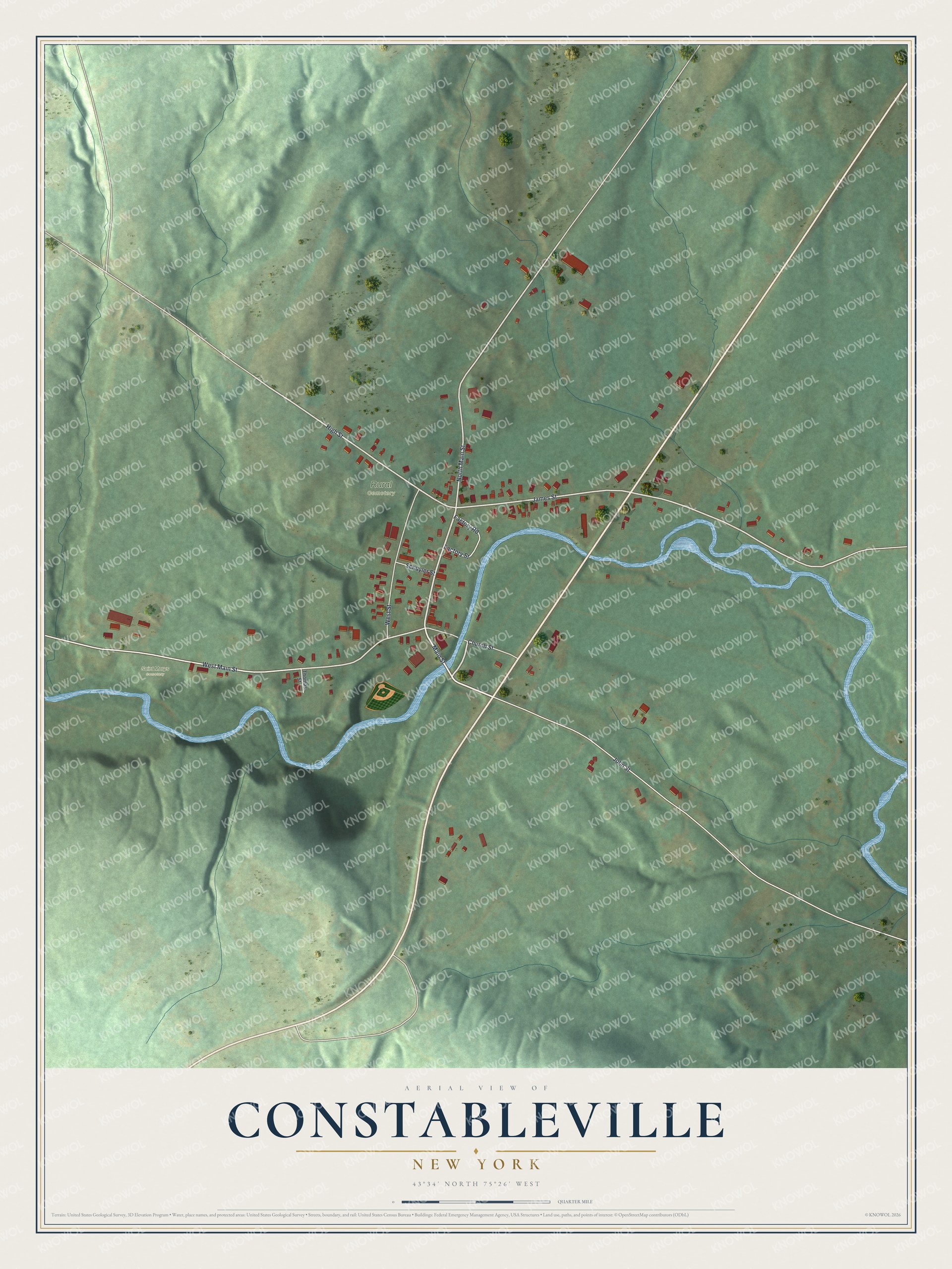 Full map of Constableville, New York, with red buildings, printed street names and the land around them