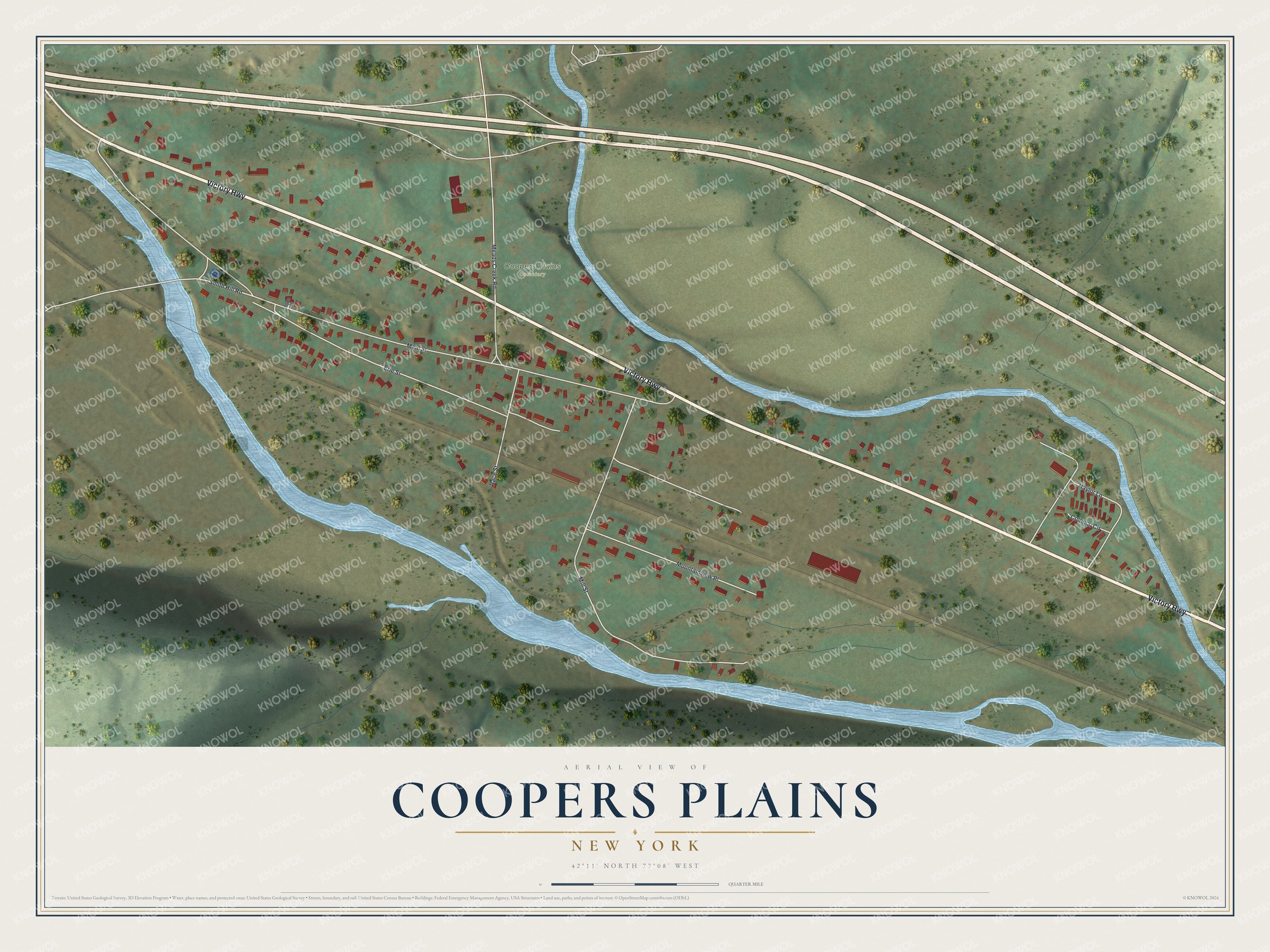 Full map of Coopers Plains, New York, with red buildings, printed street names and the land around them