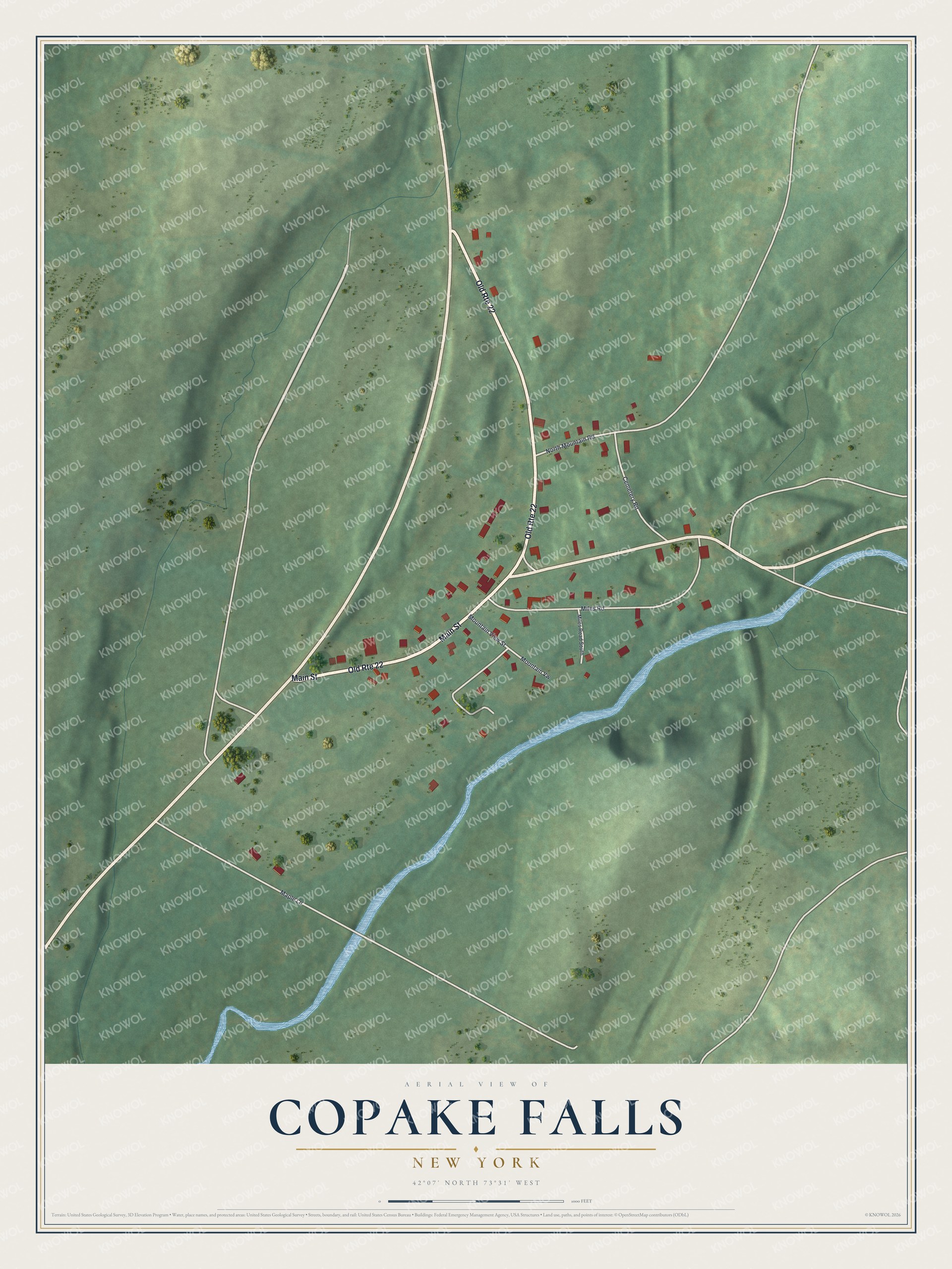 Full map of Copake Falls, New York, with red buildings, printed street names and the land around them