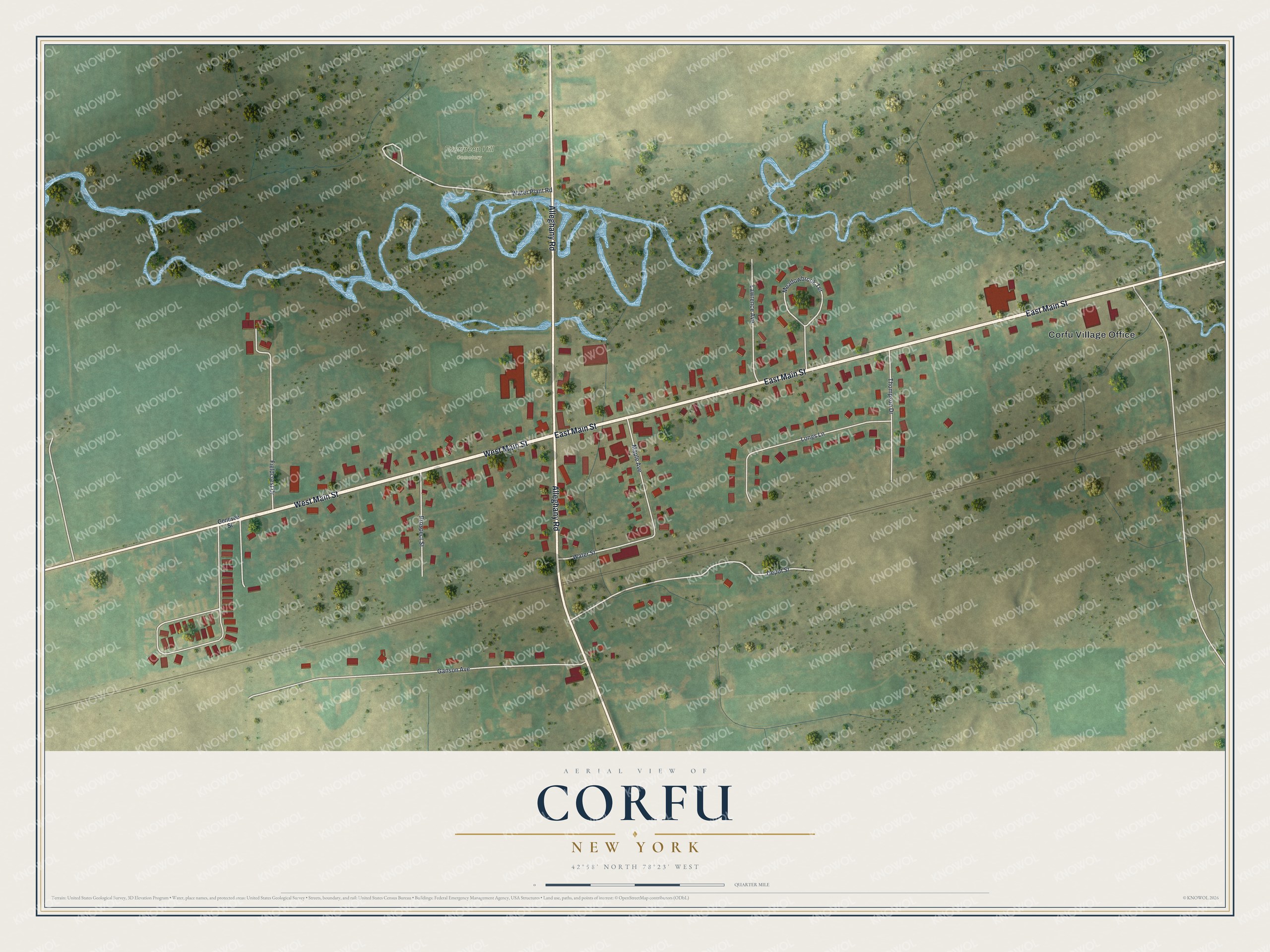 Full map of Corfu, New York, with red buildings, printed street names and the land around them