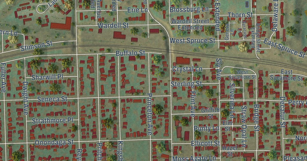 Close-up of streets and buildings in the City of Corning, Steuben County, New York