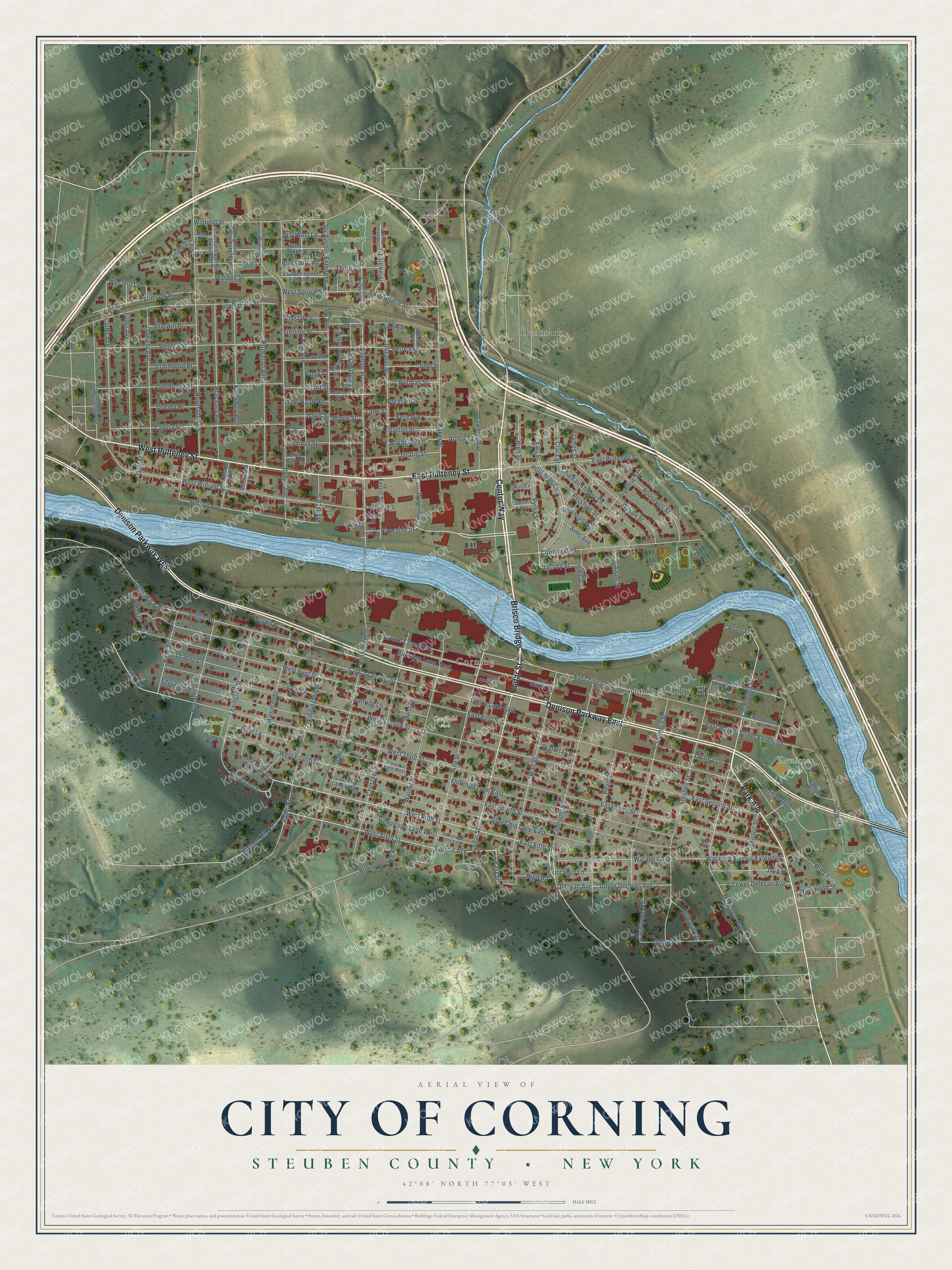 Detailed map of the City of Corning, Steuben County, New York, showing streets, buildings, and parks