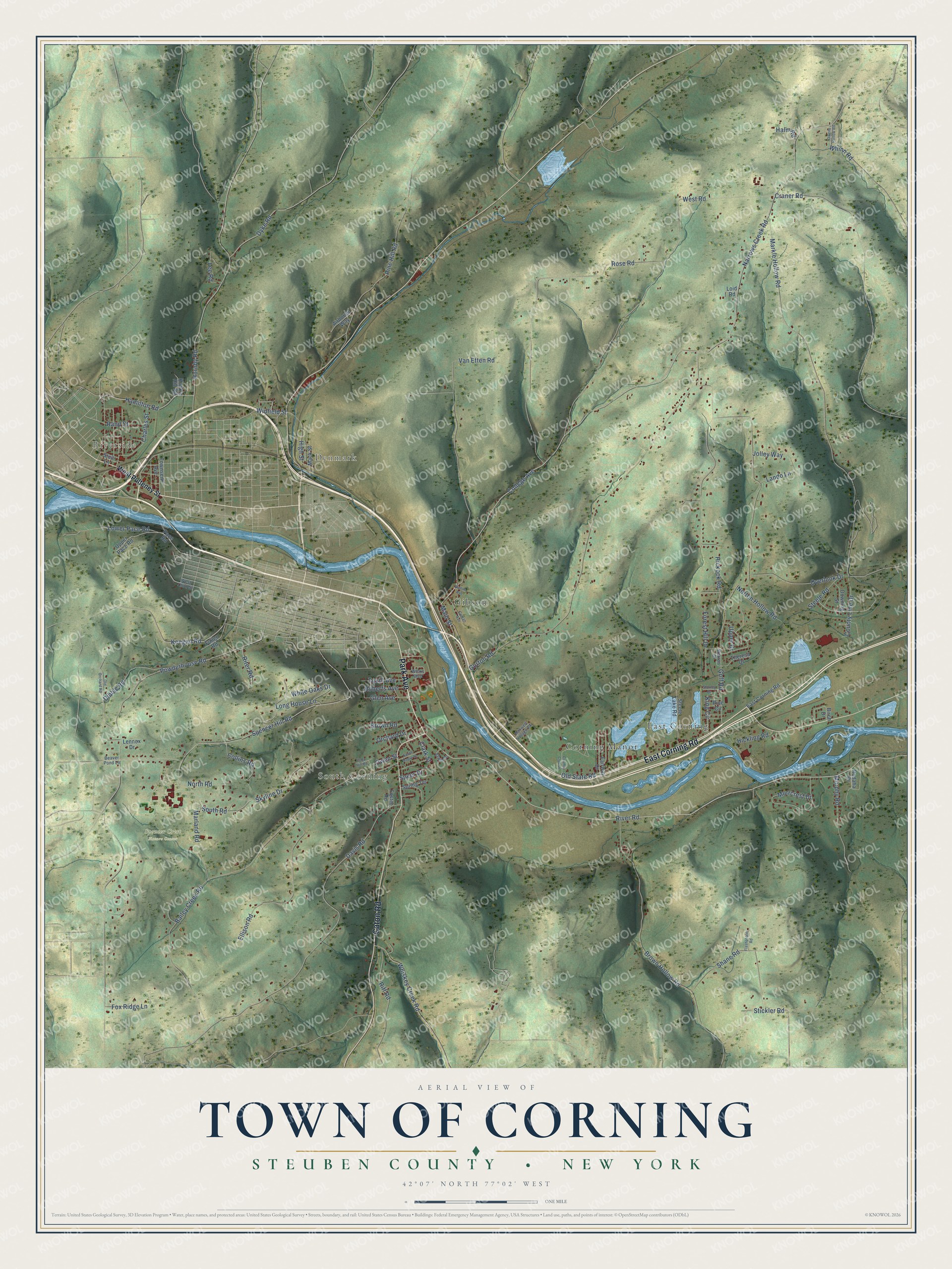 Detailed map of the Town of Corning, Steuben County, New York, showing streets, buildings, neighborhoods, and parks
