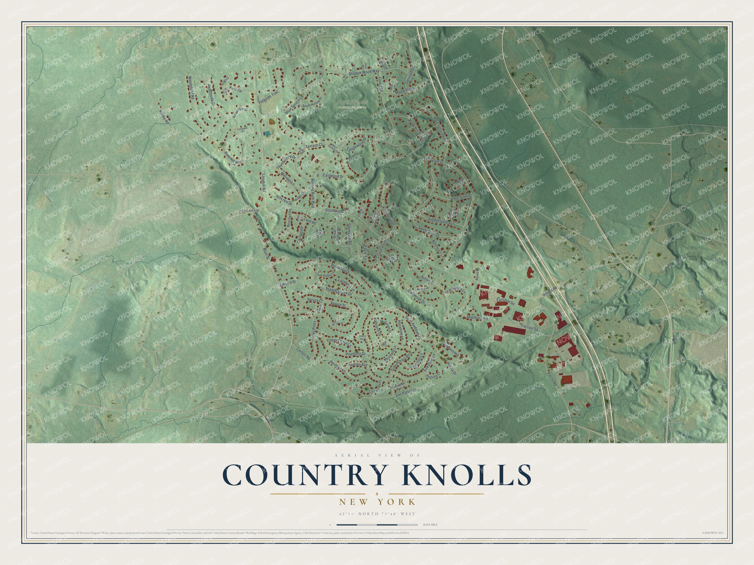 Full map of Country Knolls, New York, with red buildings, printed street names and the land around them