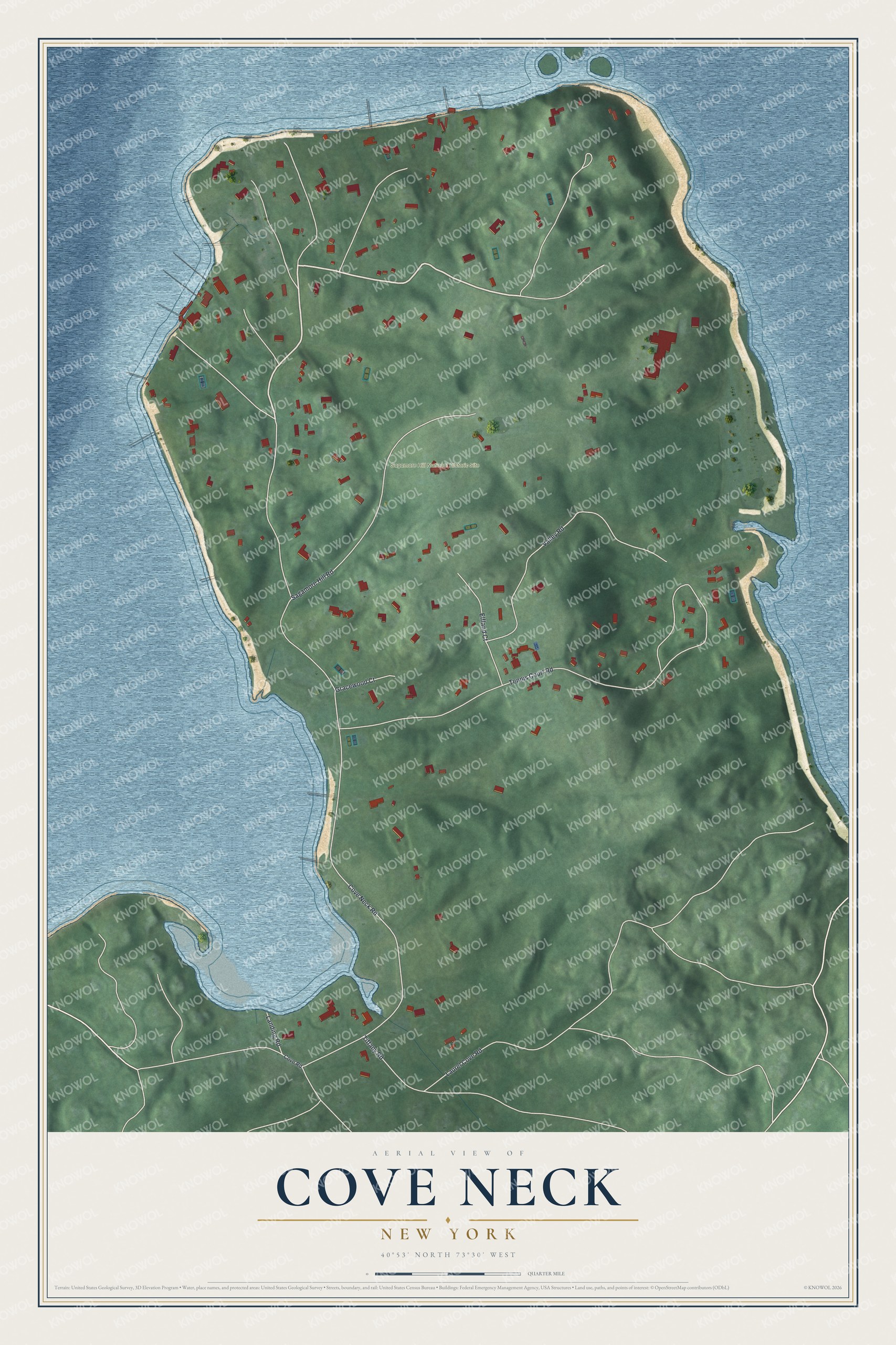 Full map of Cove Neck, New York, with red buildings, printed street names and the land around them