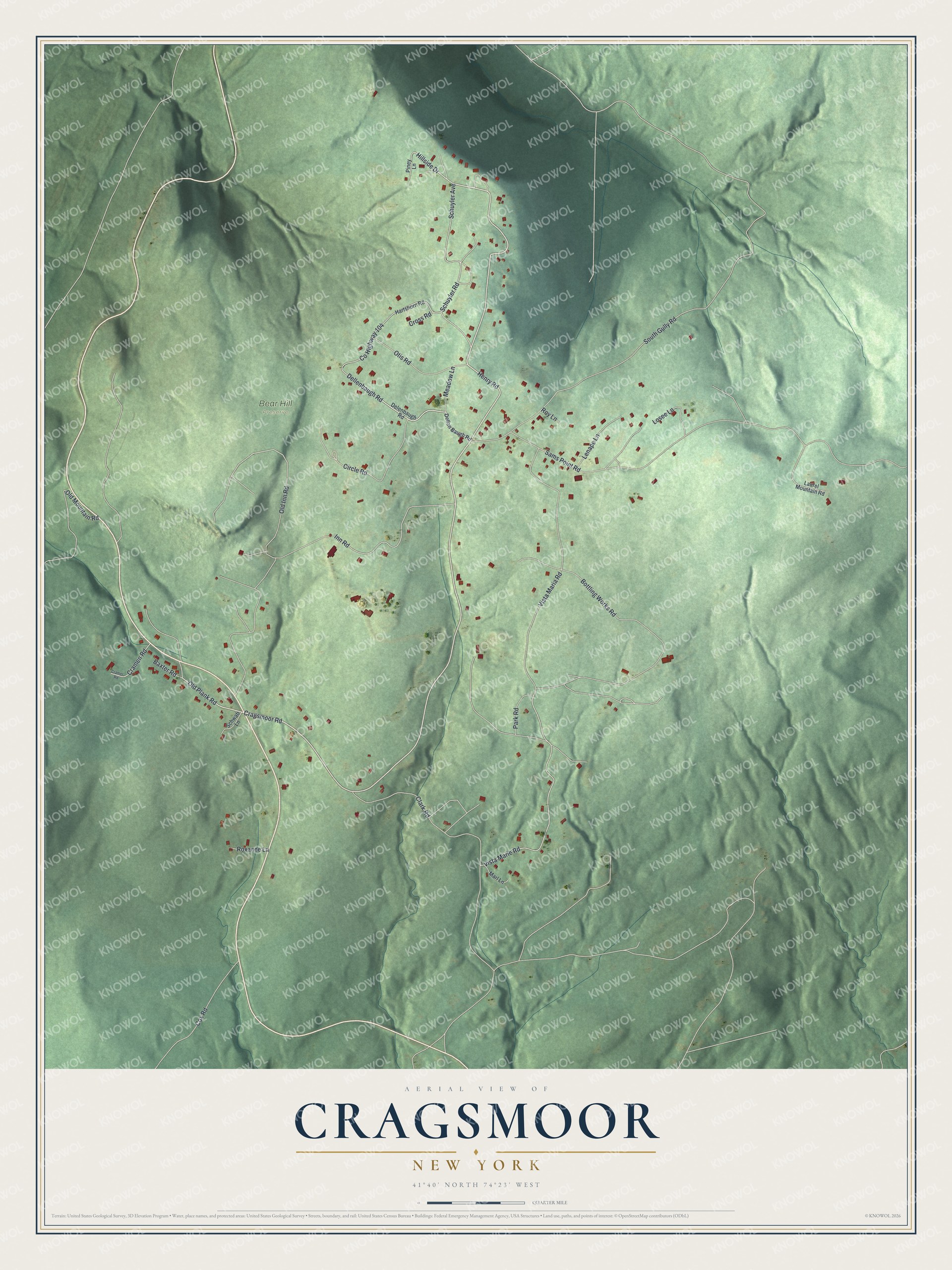 Full map of Cragsmoor, New York, with red buildings, printed street names and the land around them