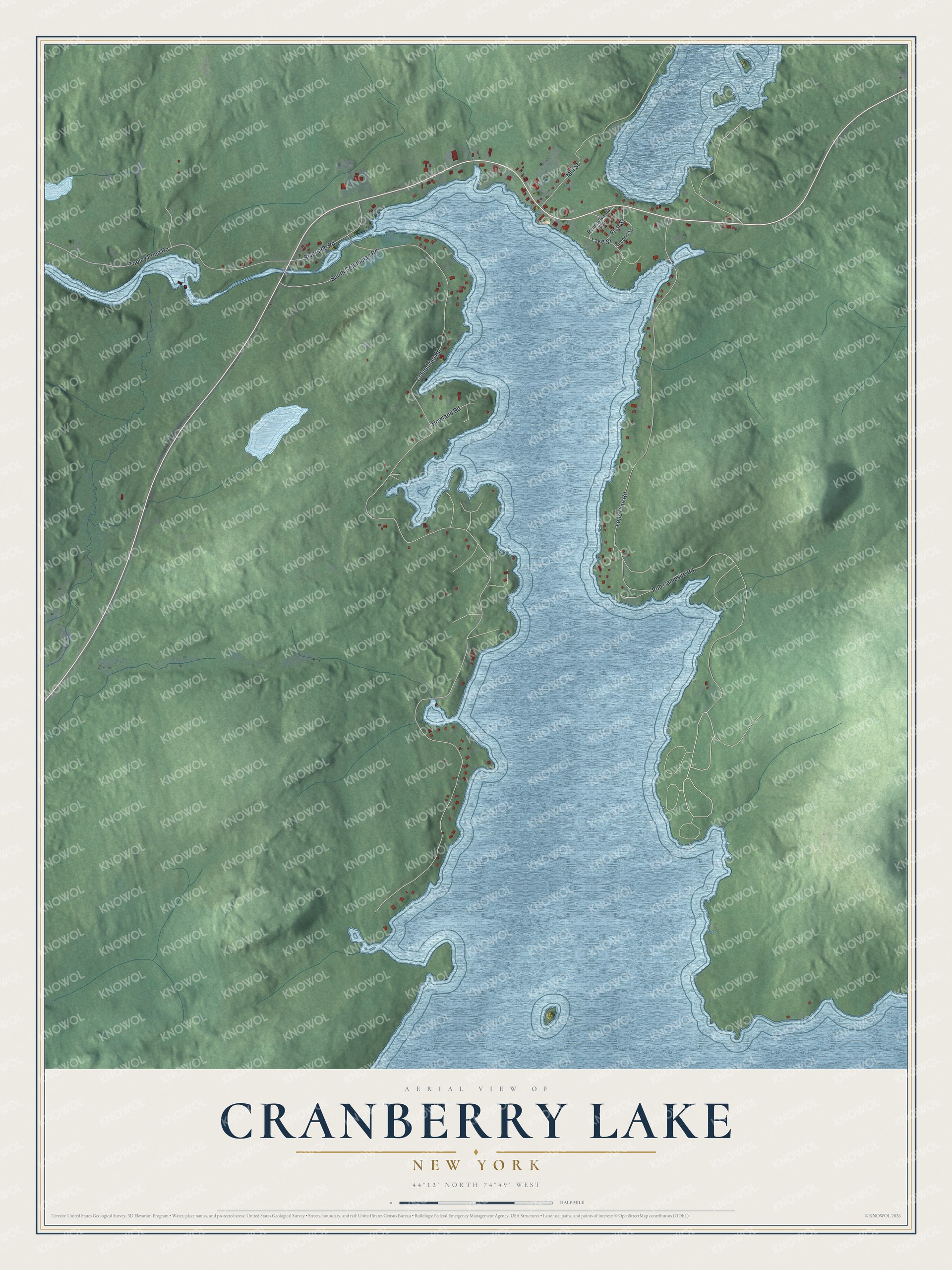 Full map of Cranberry Lake, New York, with red buildings, printed street names and the land around them