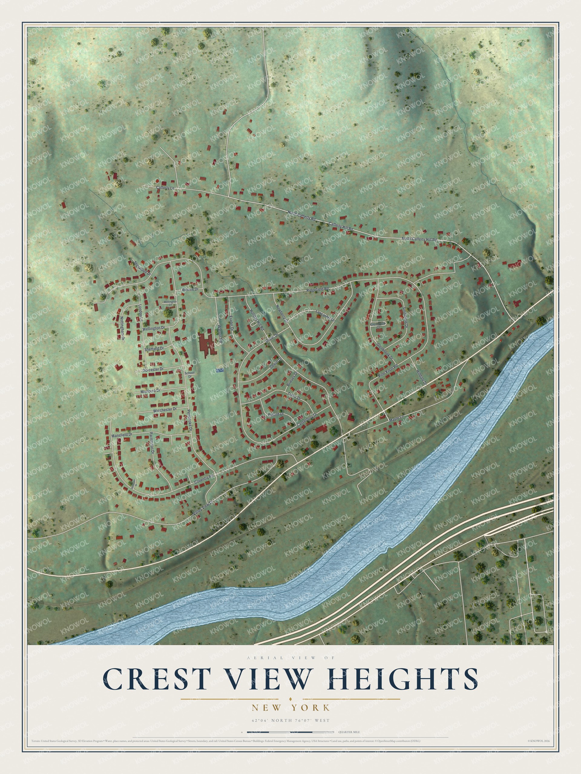 Full map of Crest View Heights, New York, with red buildings, printed street names and the land around them