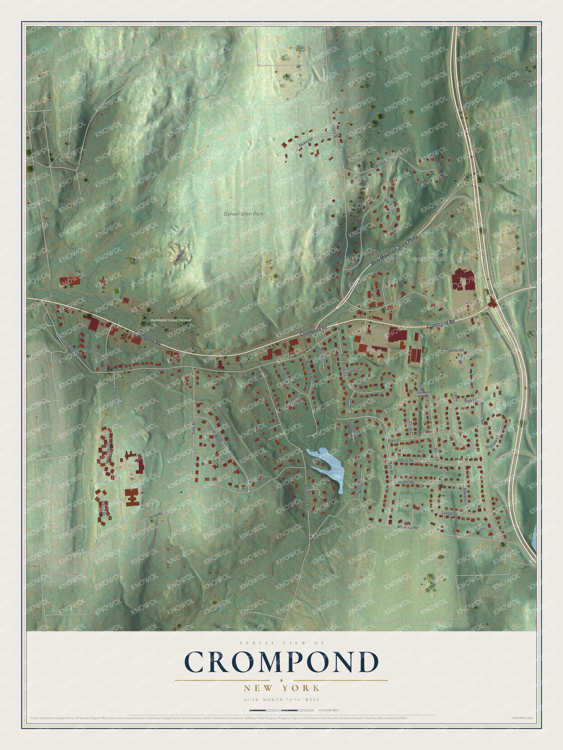 Full map of Crompond, New York, with red buildings, printed street names and the land around them