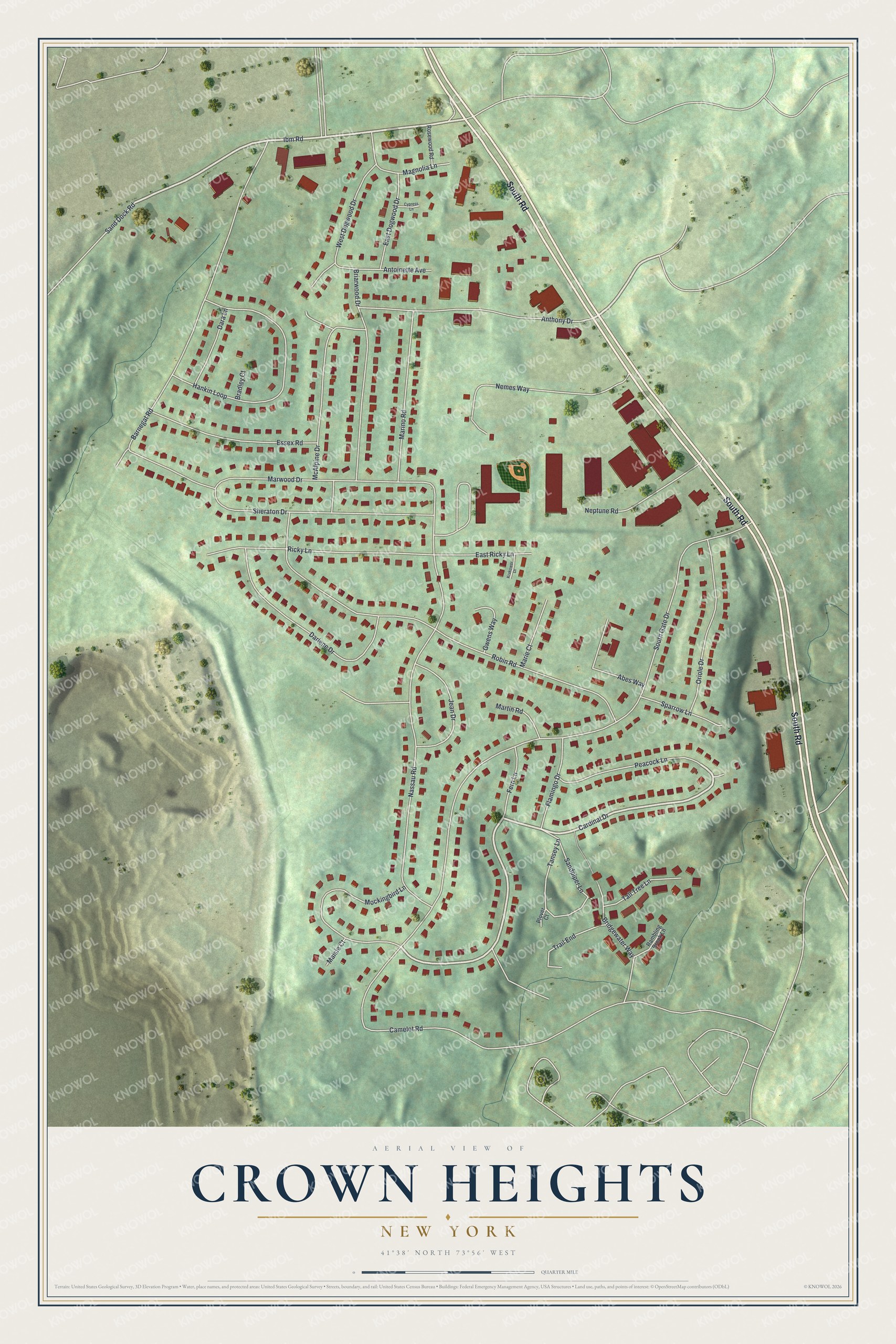 Full map of Crown Heights, New York, with red buildings, printed street names and the land around them
