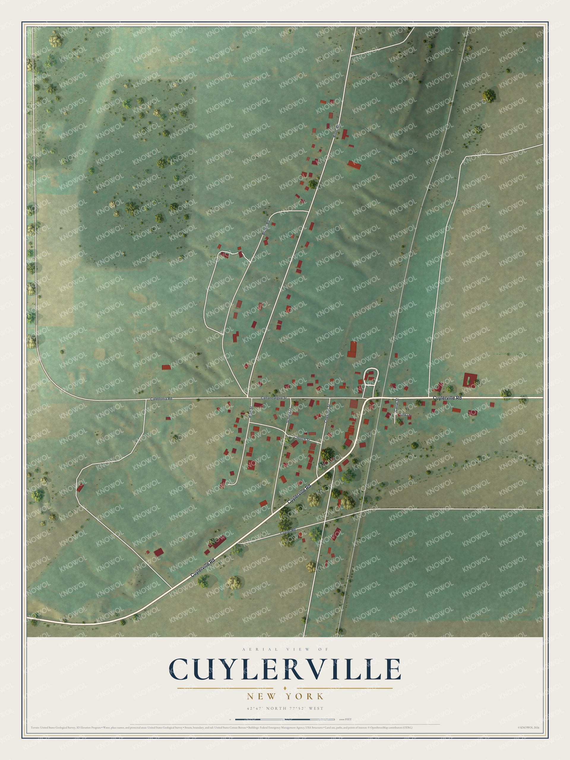 Full map of Cuylerville, New York, with red buildings, printed street names and the land around them