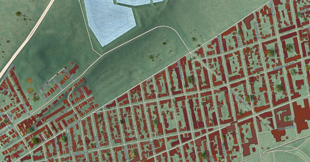 Close-up of streets and buildings in Cypress Hills, New York