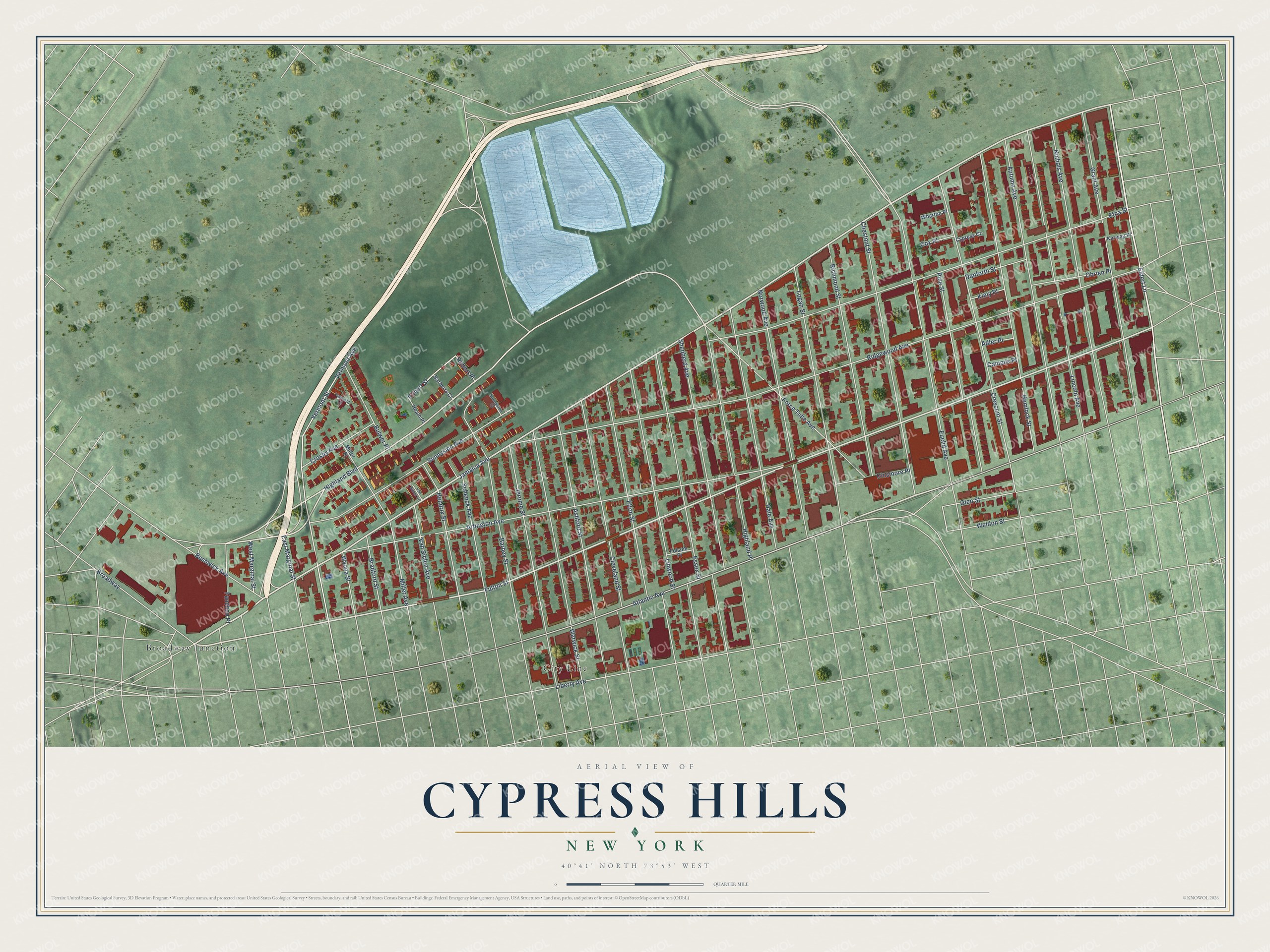 Full map of Cypress Hills, New York, with red buildings, printed street names and the land around them