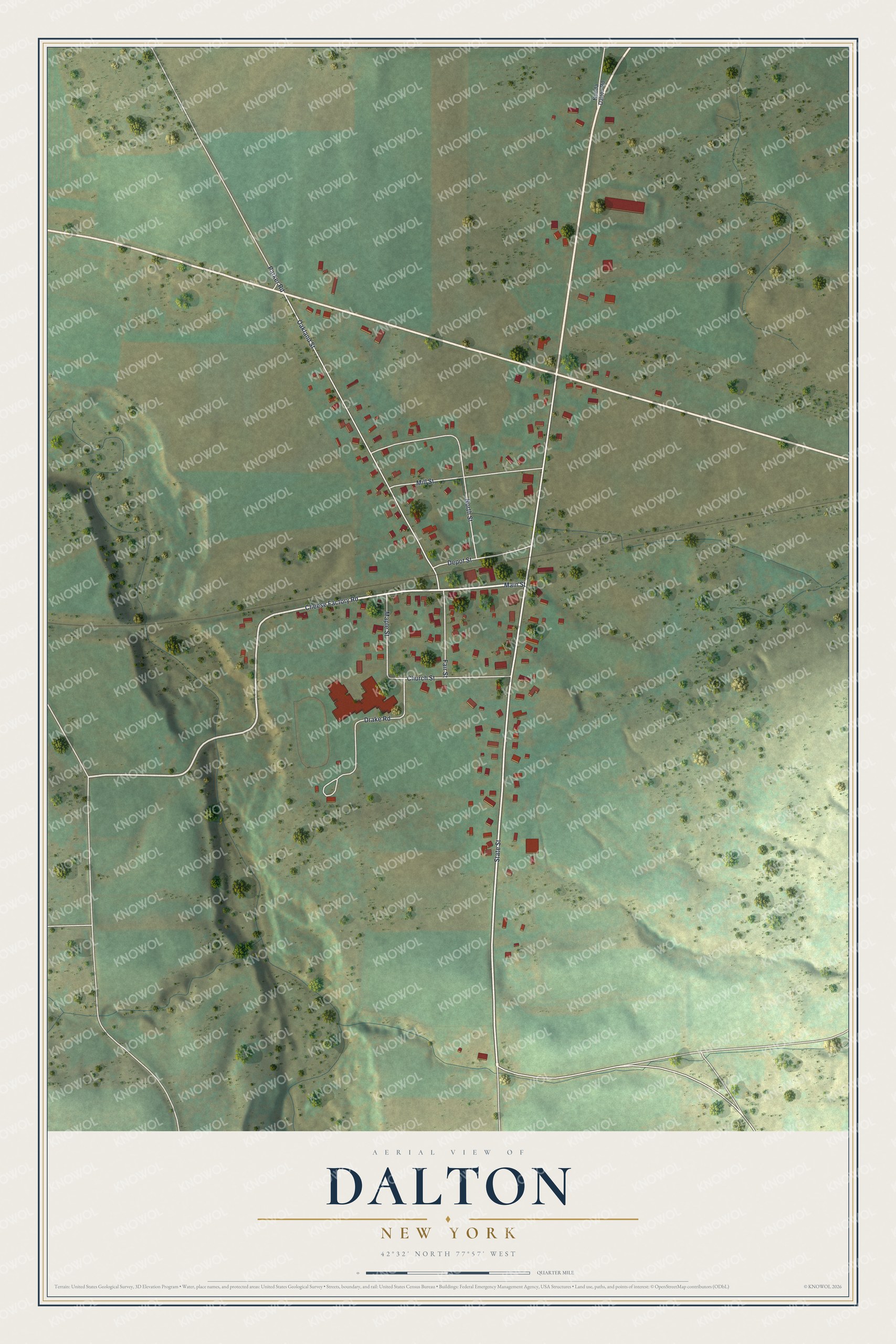 Full map of Dalton, New York, with red buildings, printed street names and the land around them