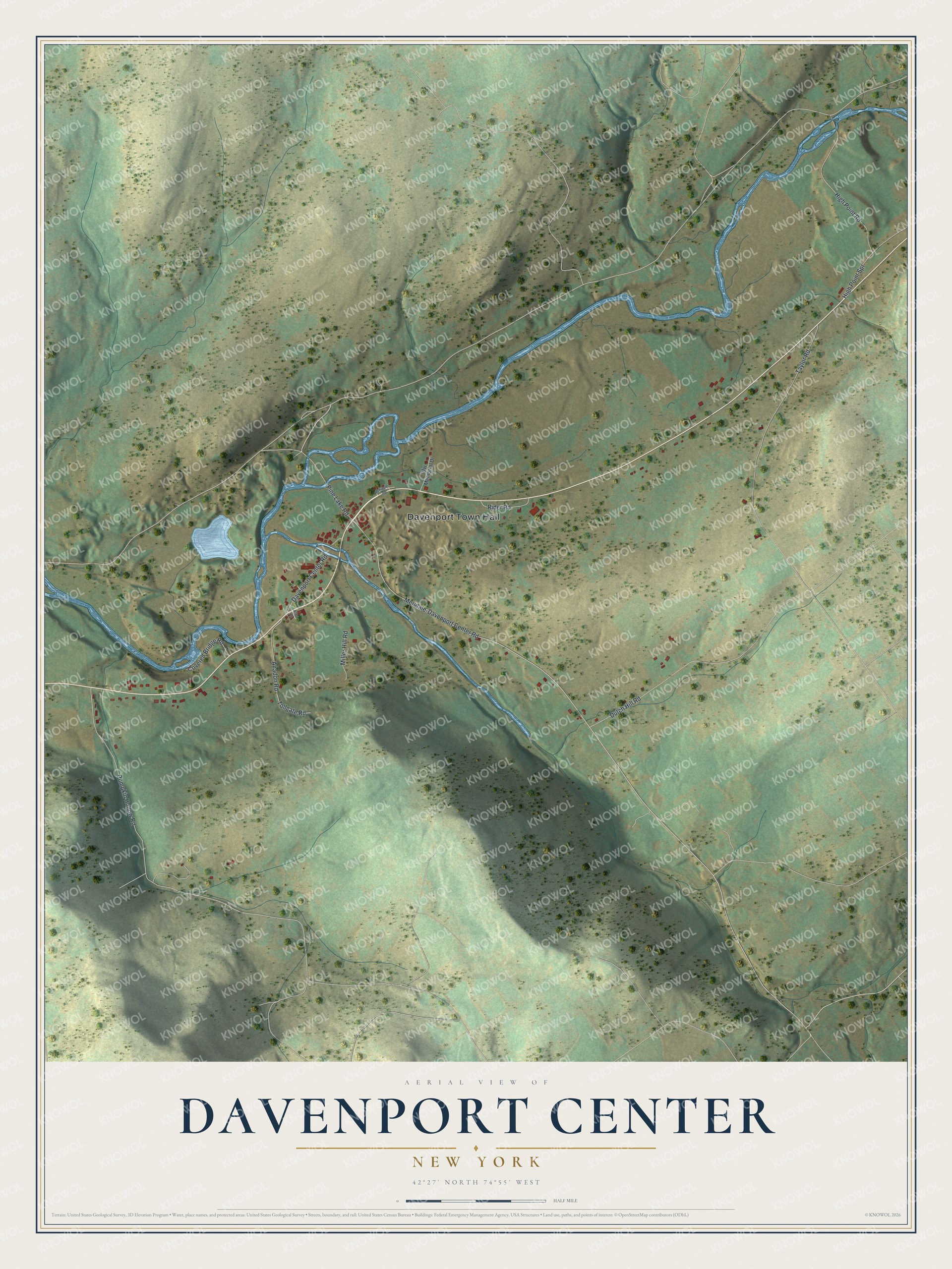 Full map of Davenport Center, New York, with red buildings, printed street names and the land around them